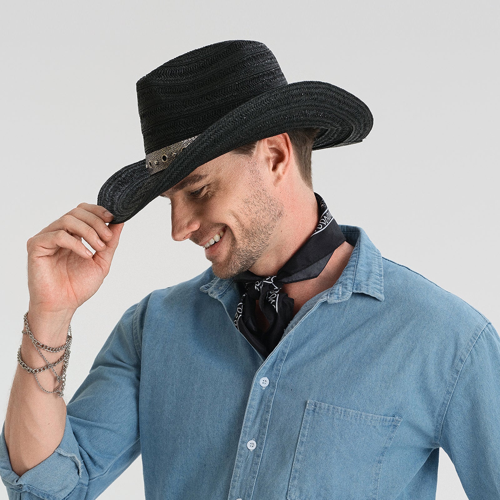 US Stock Wholesale Unisex Paper Straw Cowboy Hat Upturned Brim and UPF 50+ Sun Protection