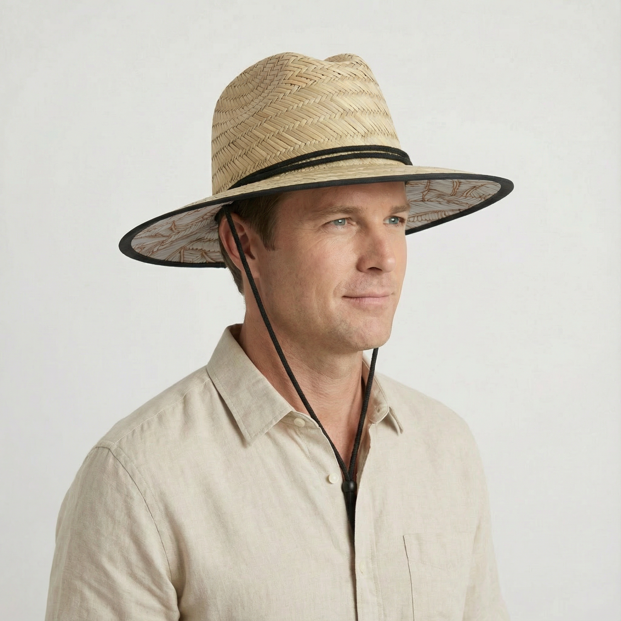 US Stock Wholesale Men's Seagrass Lifeguard Straw Hats with Wide Brim and Sun & Wind Proof