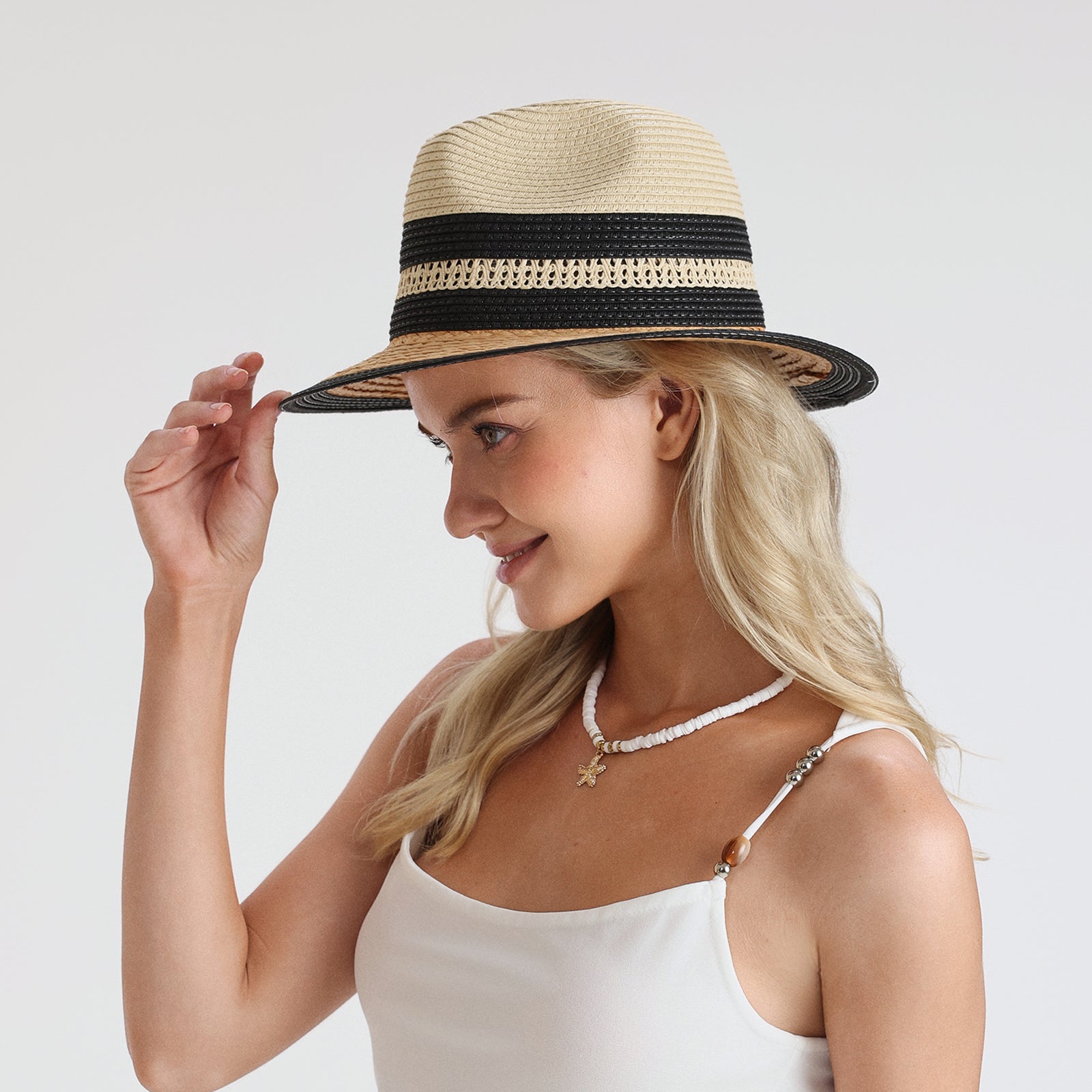 Unisex Paper Straw Fedora Hat with Wide Brim and UPF 50+ Sun Protection