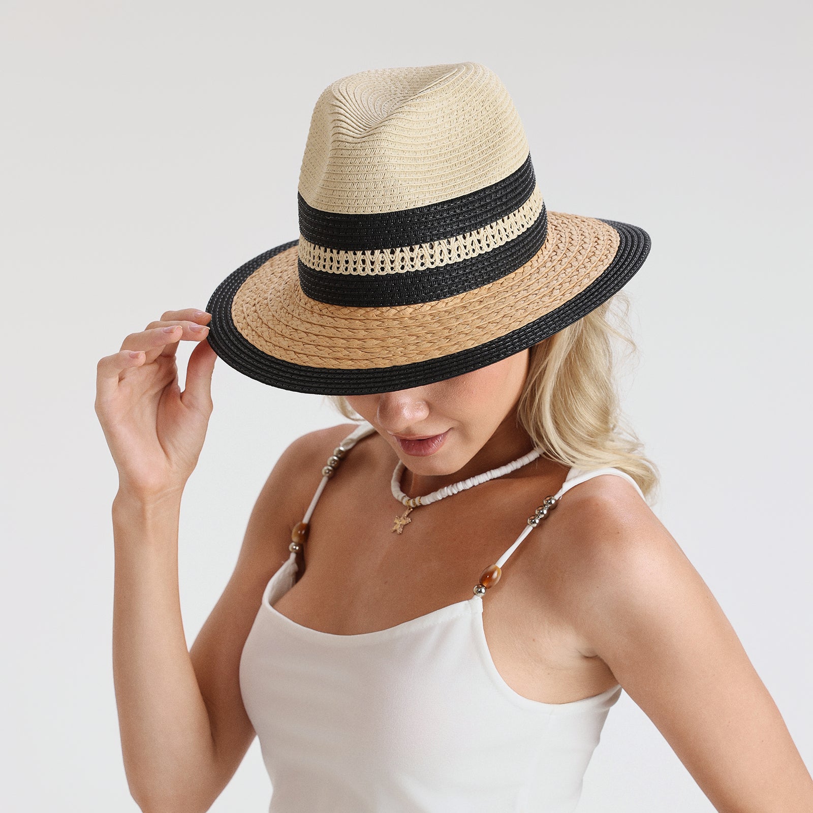Unisex Paper Straw Fedora Hat with Wide Brim and UPF 50+ Sun Protection