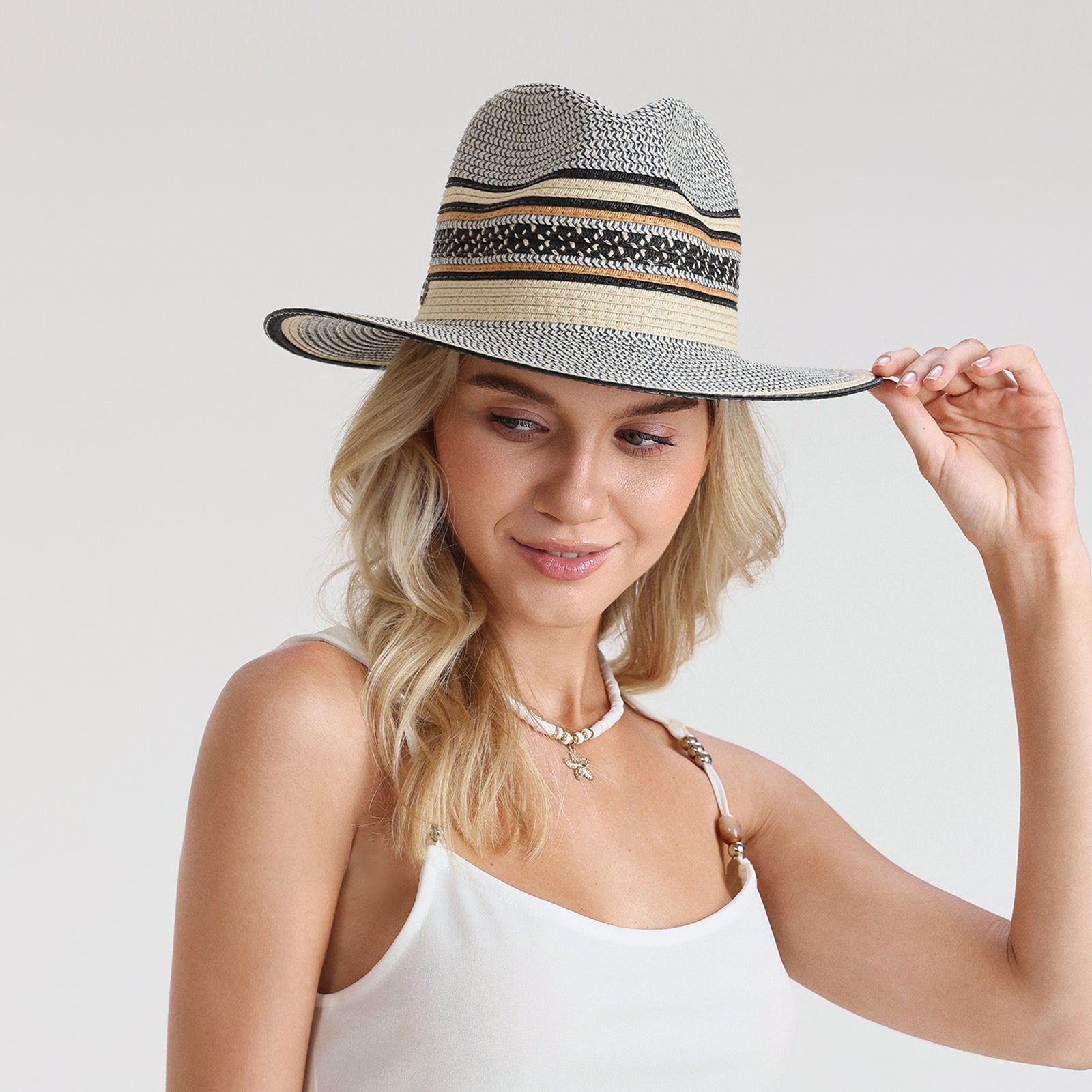 Unisex Paper Straw Fedora Hat with Wide Brim and UPF 50+ Sun Protection