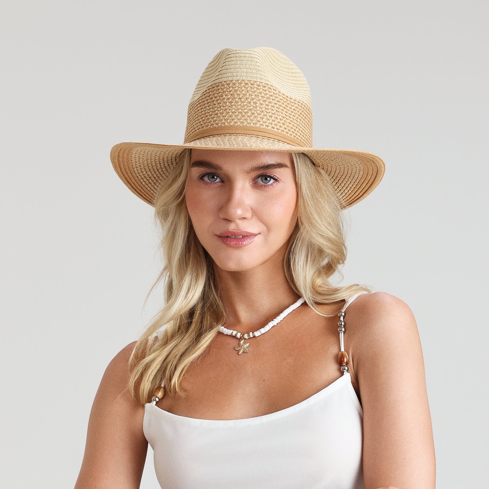 Unisex Paper Straw Fedora Hat with Wide Brim and UPF 50+ Sun Protection