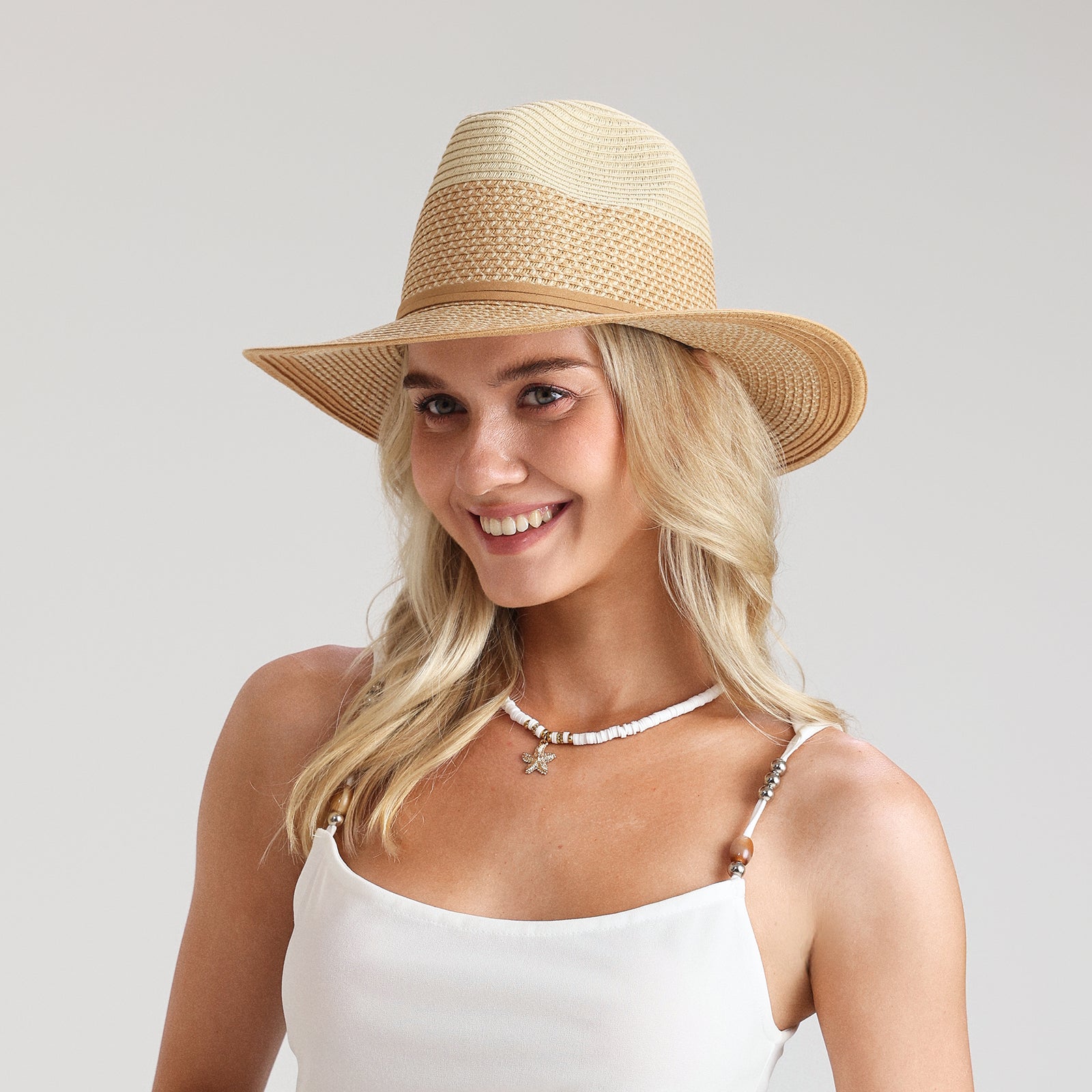 Unisex Paper Straw Fedora Hat with Wide Brim and UPF 50+ Sun Protection