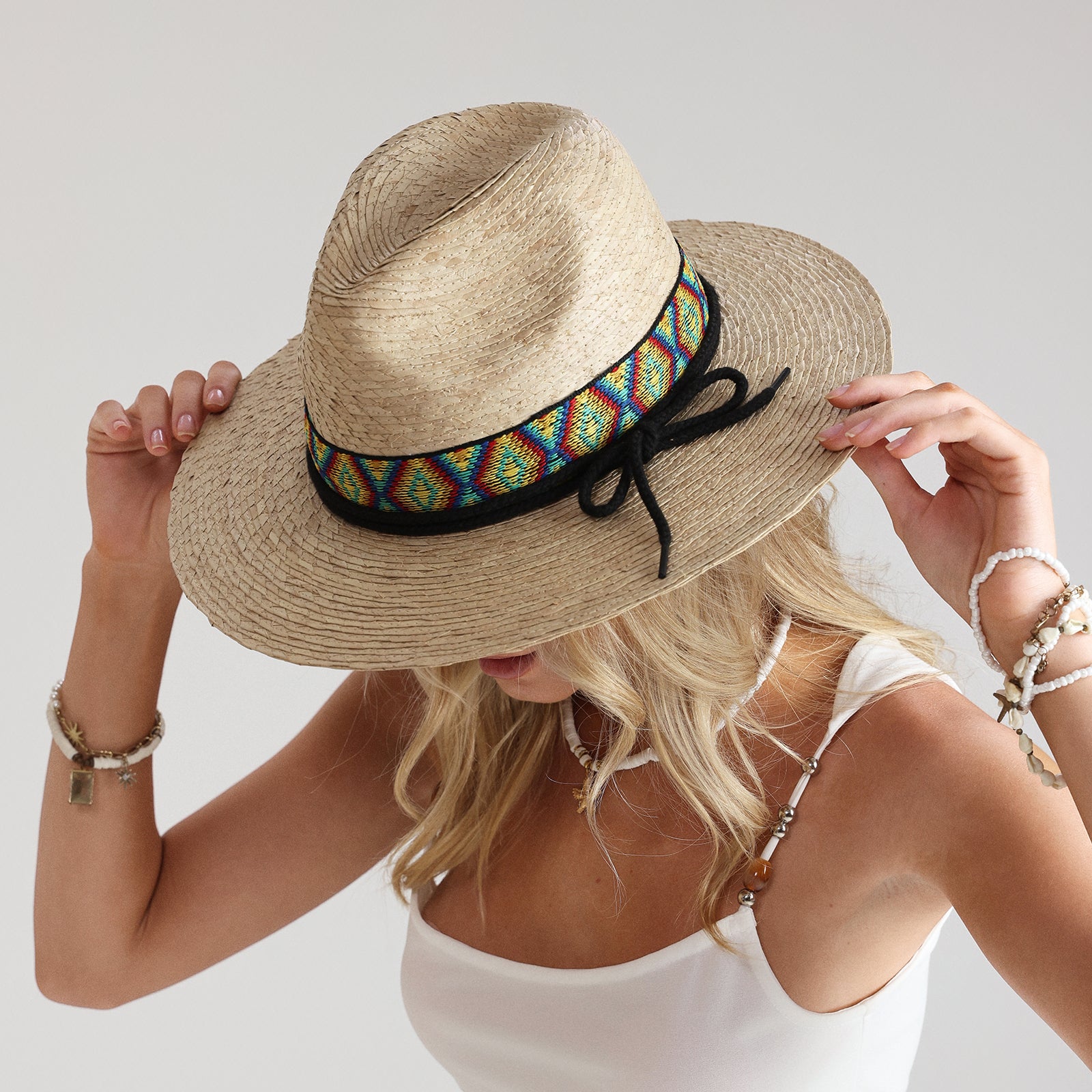Unisex Palm Leaf Fedora Hat with Wide Brim and UPF 50+ Sun Protection