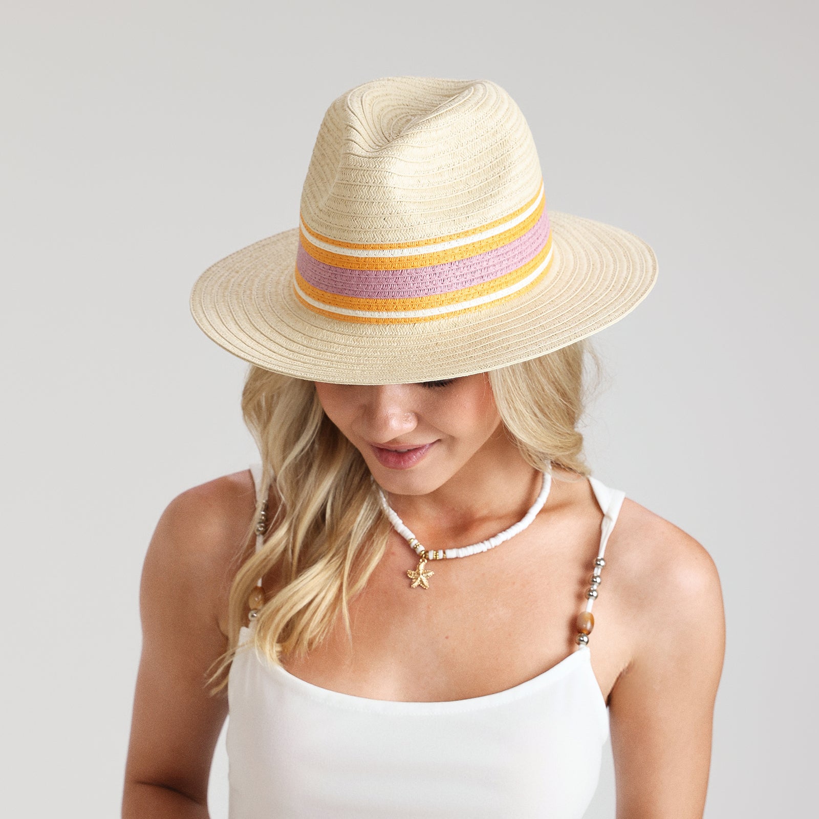 Women’s Paper Straw Fedora Hat with Wide Brim and UPF 50+ Sun Protection