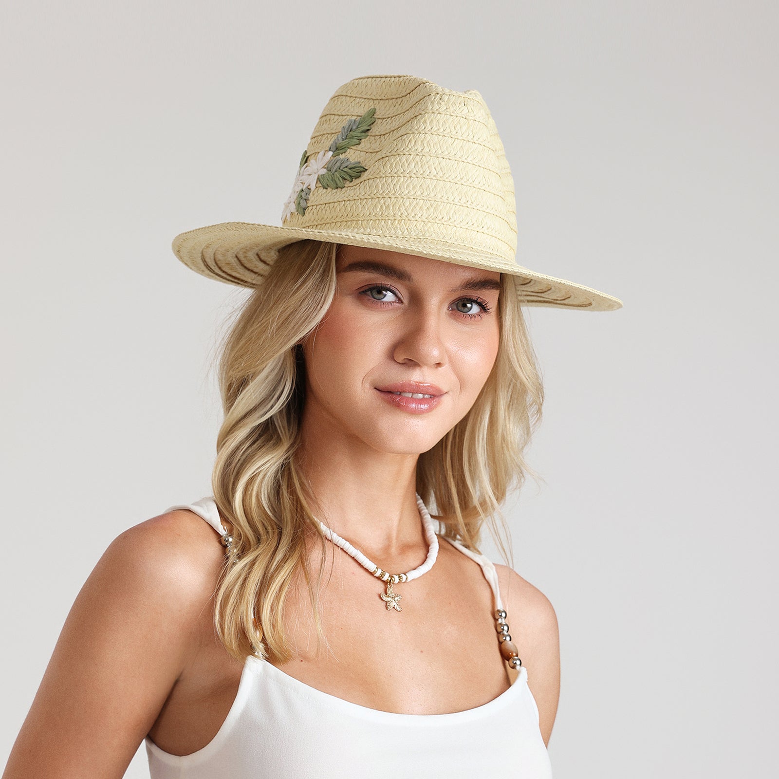 Women’s Paper Straw Fedora Hat with Wide Brim and UPF 50+ Sun Protection