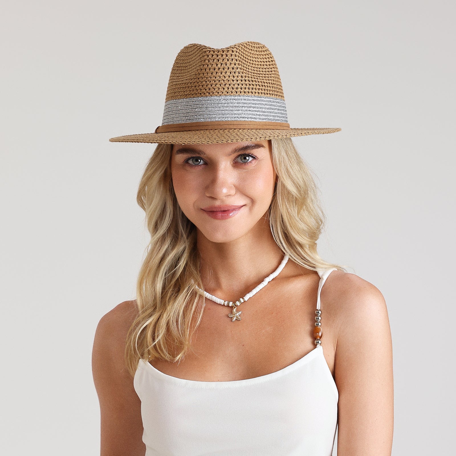 Unisex Paper Straw Fedora Hat with Wide Brim and UPF 50+ Sun Protection