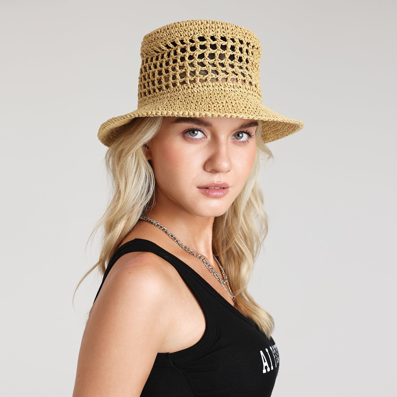 Women’s Paper Straw Bucket Hat with Wide Brim and UPF 50+ Sun Protection