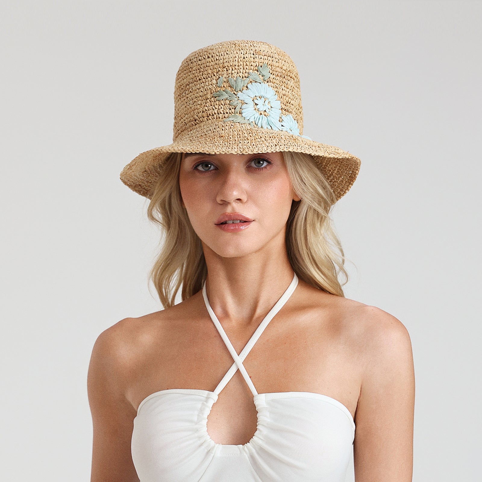 Women’s Raffia Bucket Hat with Wide Brim and UPF 50+ Sun Protection