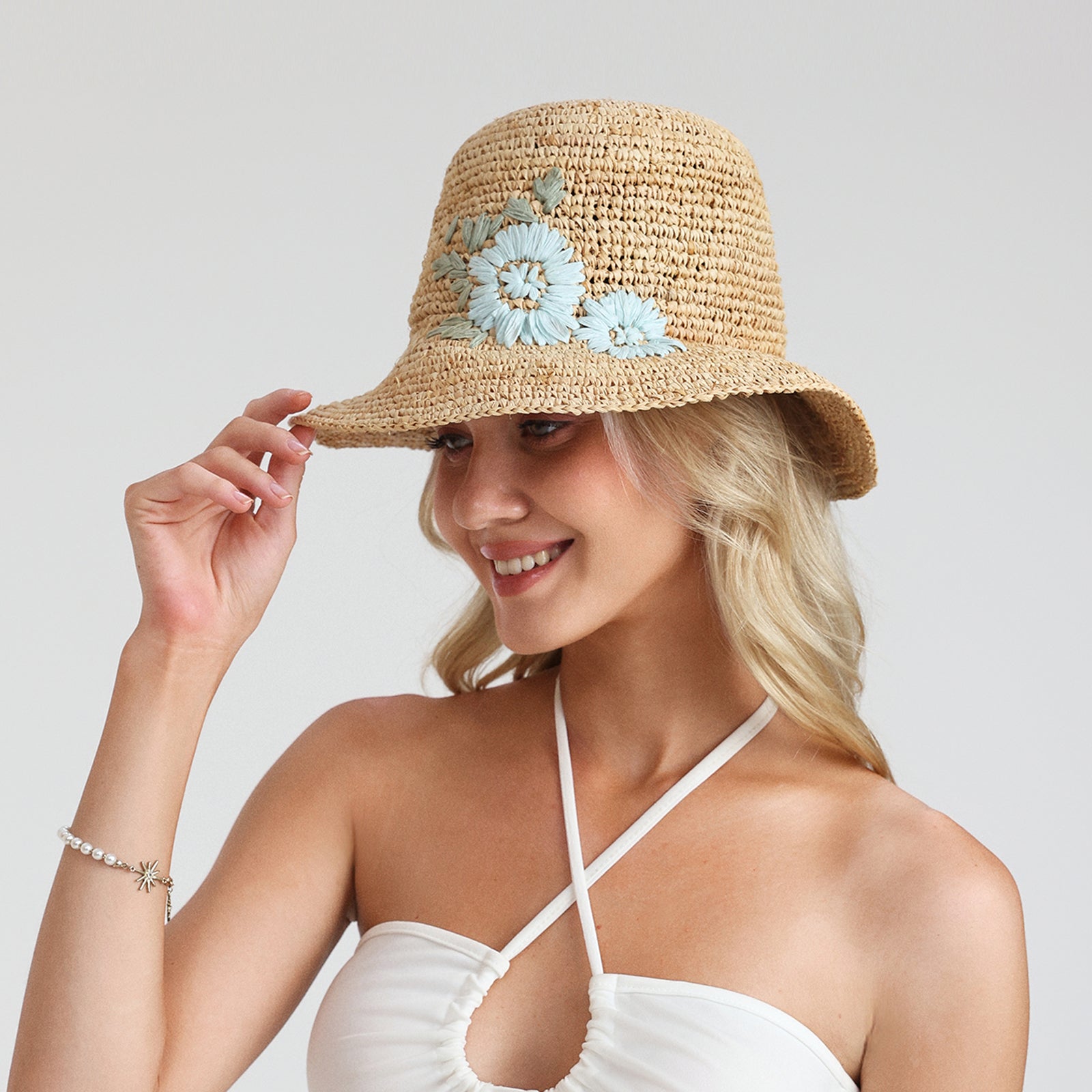 Women’s Raffia Bucket Hat with Wide Brim and UPF 50+ Sun Protection