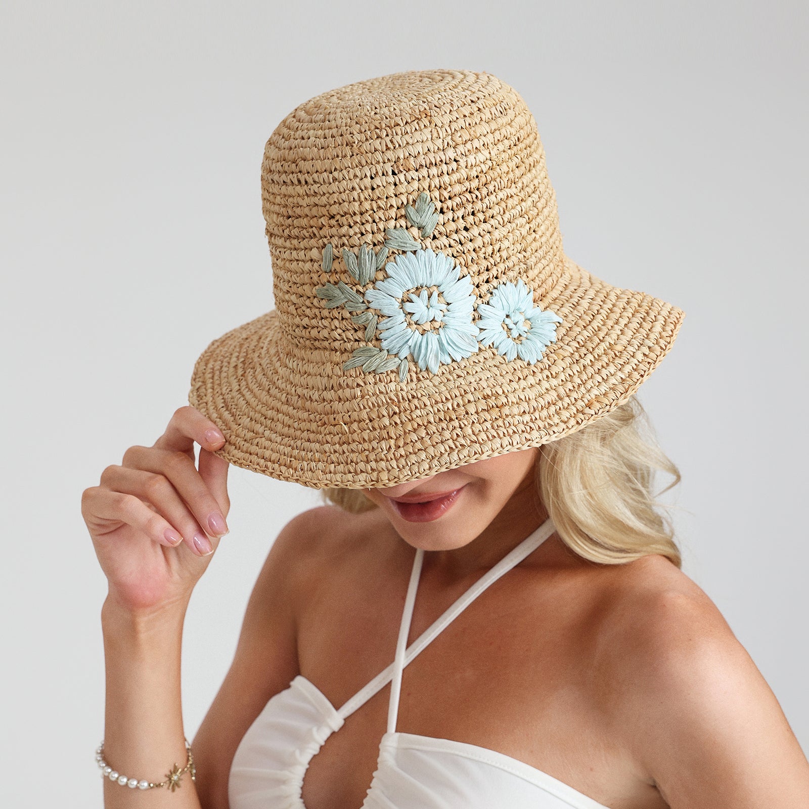 Women’s Raffia Bucket Hat with Wide Brim and UPF 50+ Sun Protection