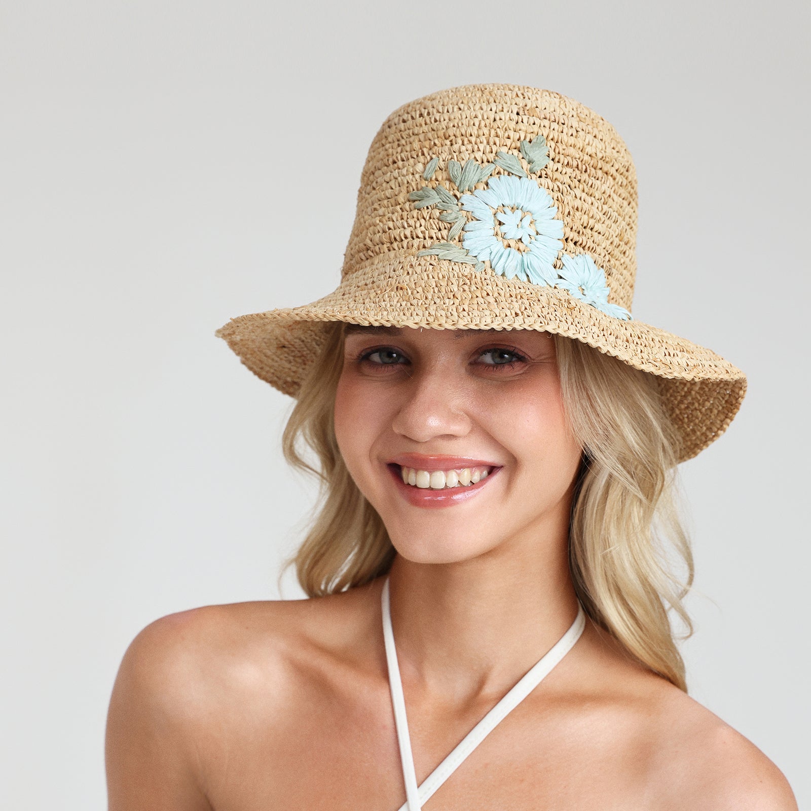 Women’s Raffia Bucket Hat with Wide Brim and UPF 50+ Sun Protection