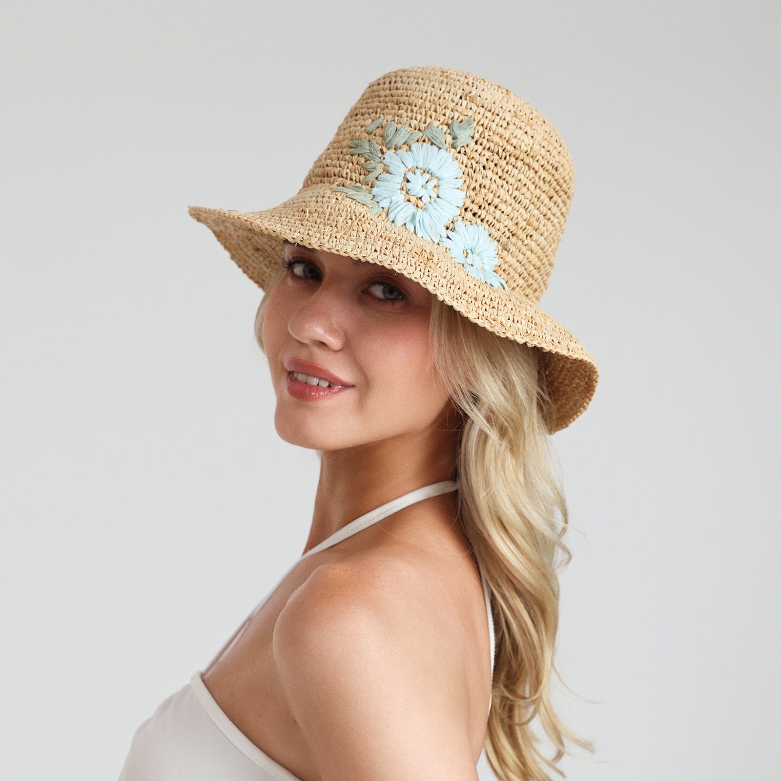 Women’s Raffia Bucket Hat with Wide Brim and UPF 50+ Sun Protection