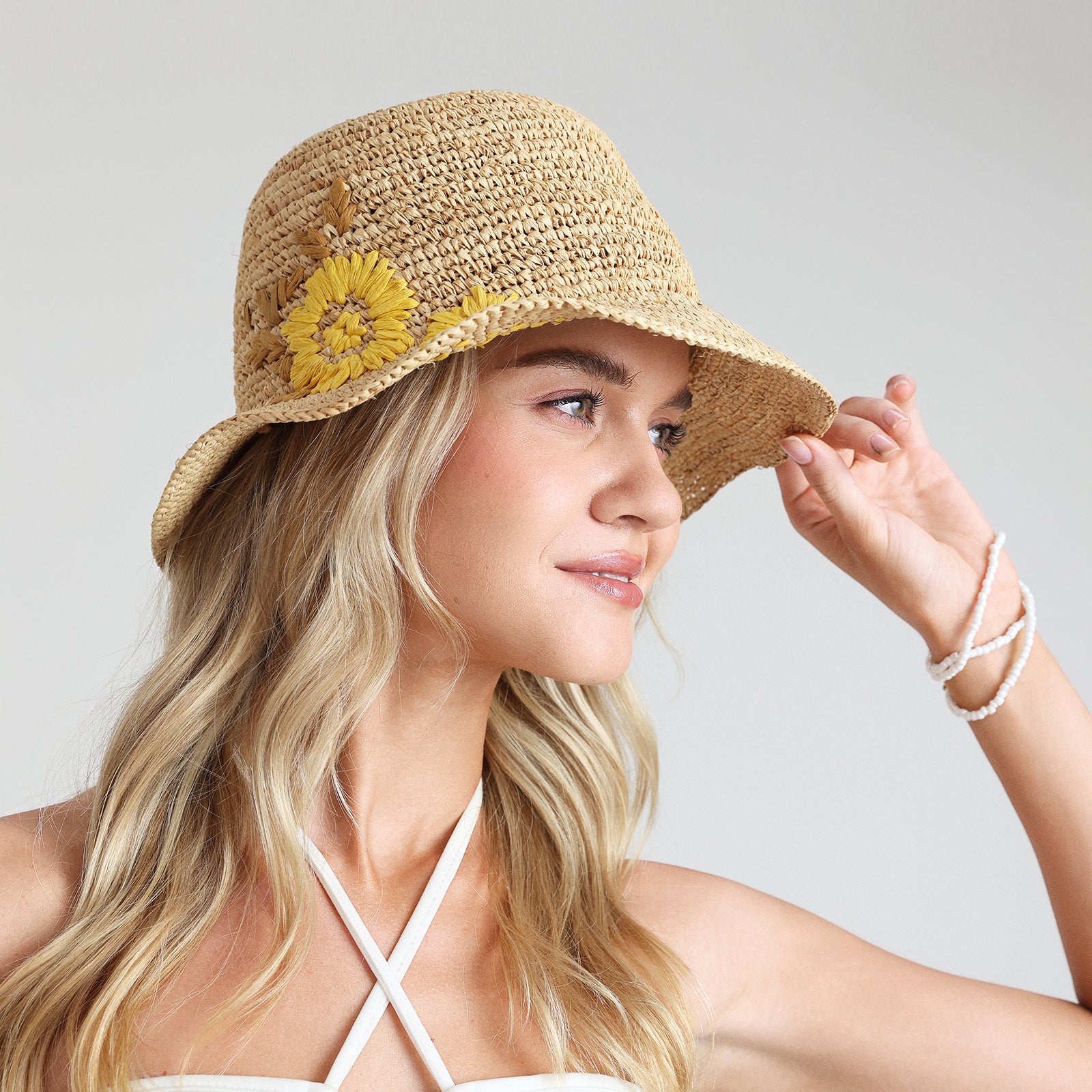 Women’s Raffia Bucket Hat with Wide Brim and UPF 50+ Sun Protection