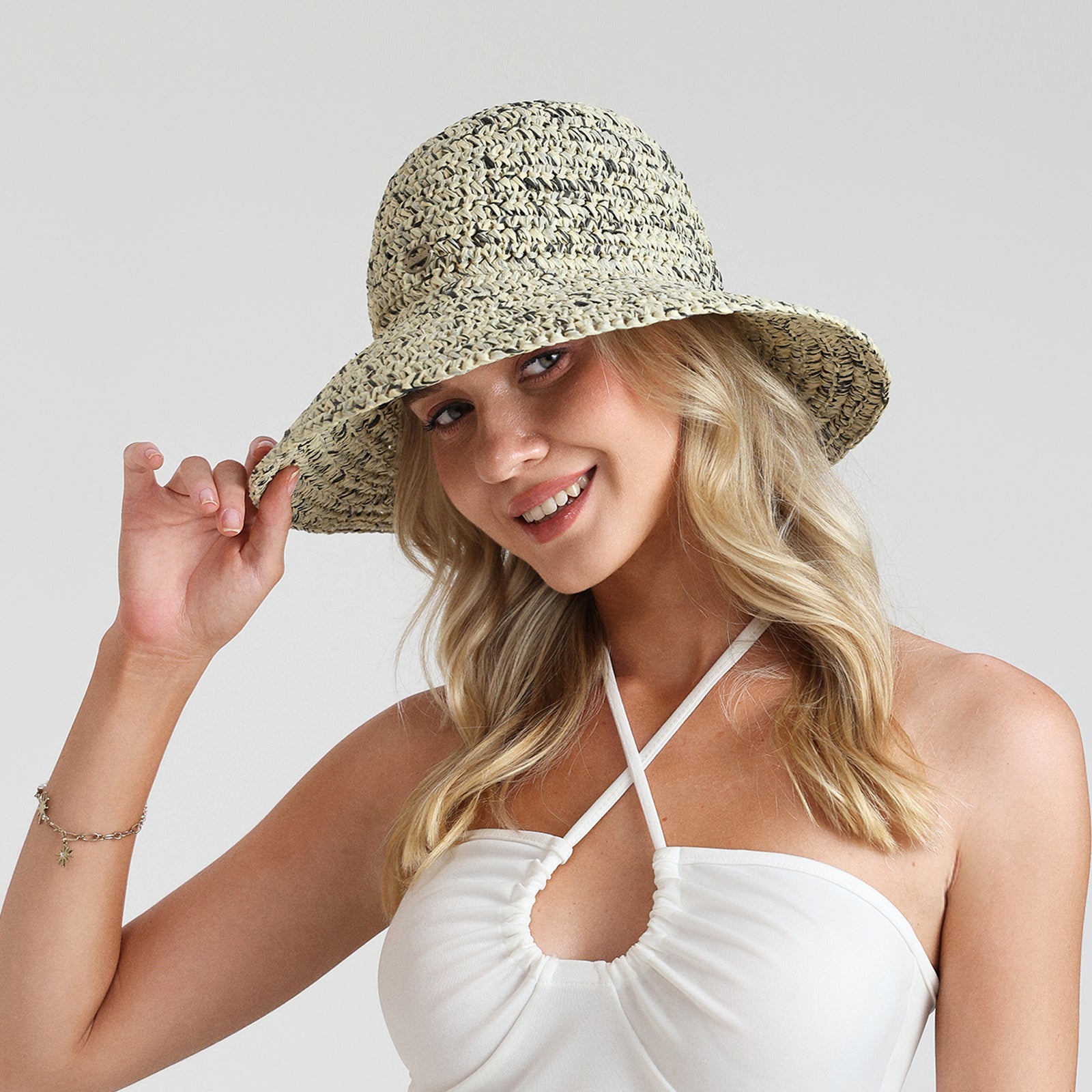 Women’s Paper Straw Bucket Hat with Wide Brim and UPF 50+ Sun Protection