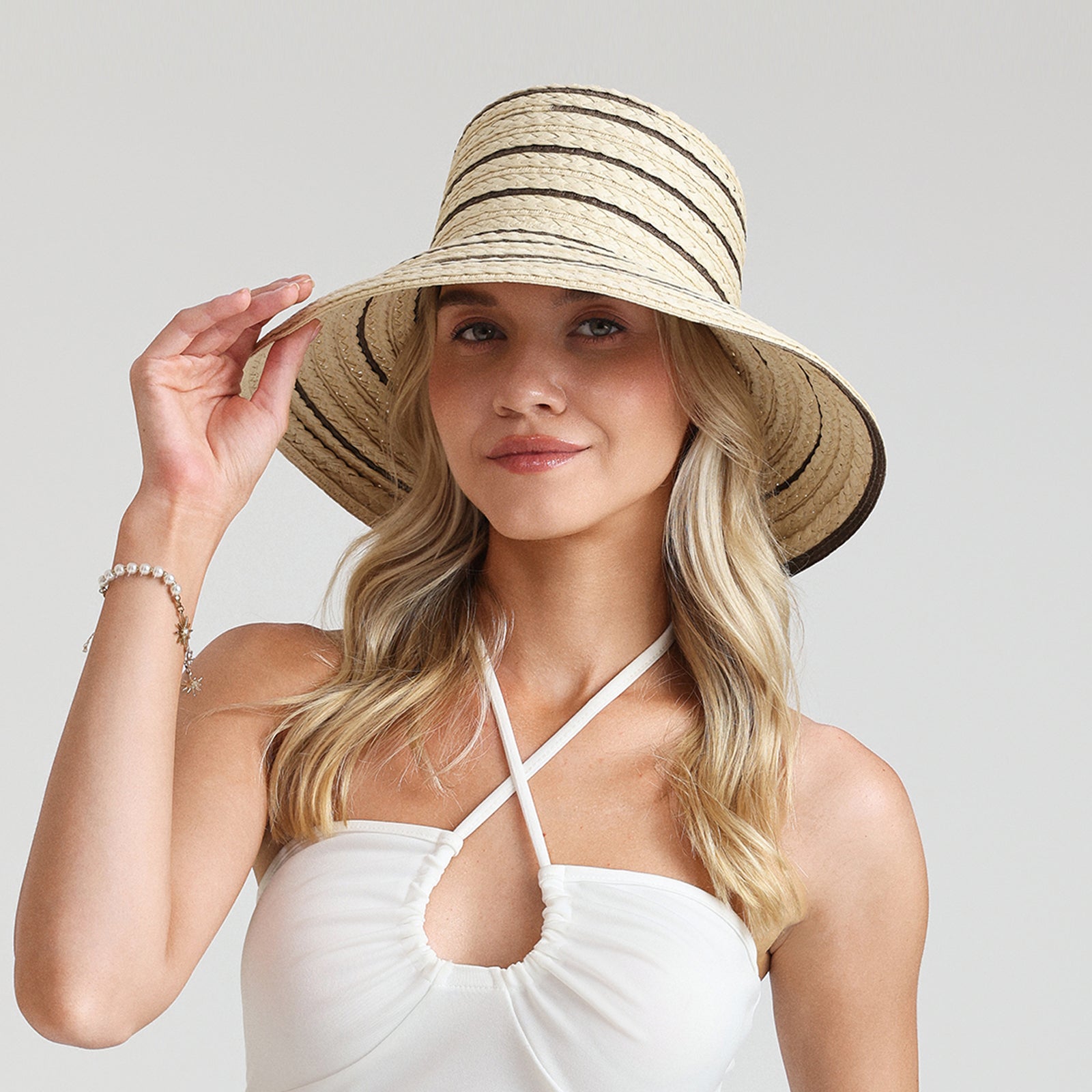 Women’s Paper Straw Bucket Hat with Wide Brim and UPF 50+ Sun Protection