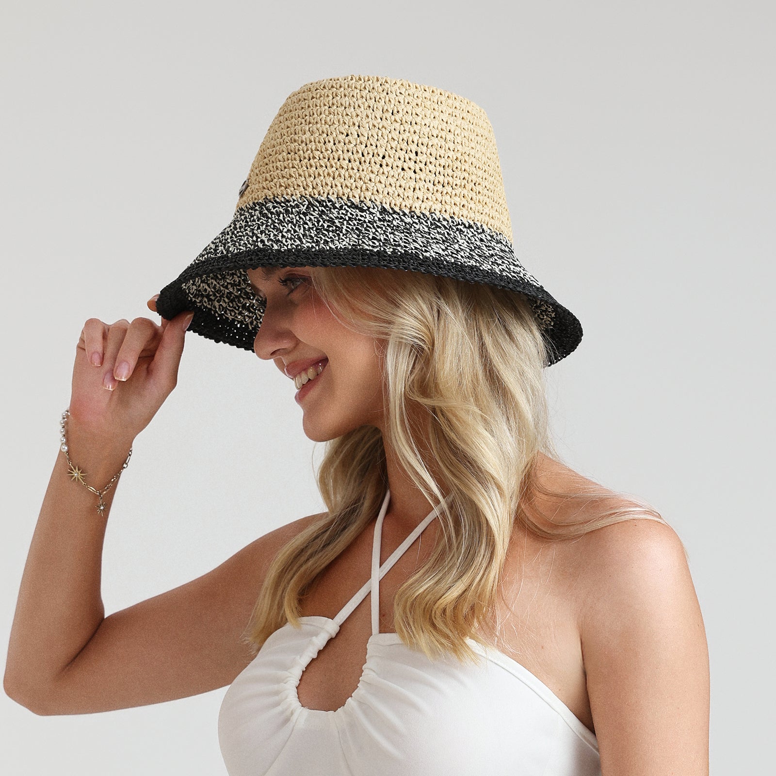 Women’s Paper Straw Bucket Hat with Wide Brim and UPF 50+ Sun Protection