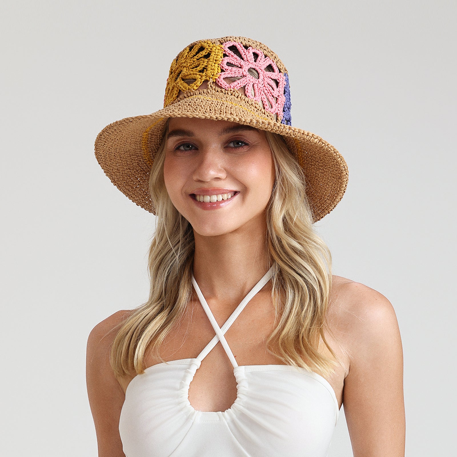 Women’s Paper Straw Bucket Hat with Wide Brim and UPF 50+ Sun Protection