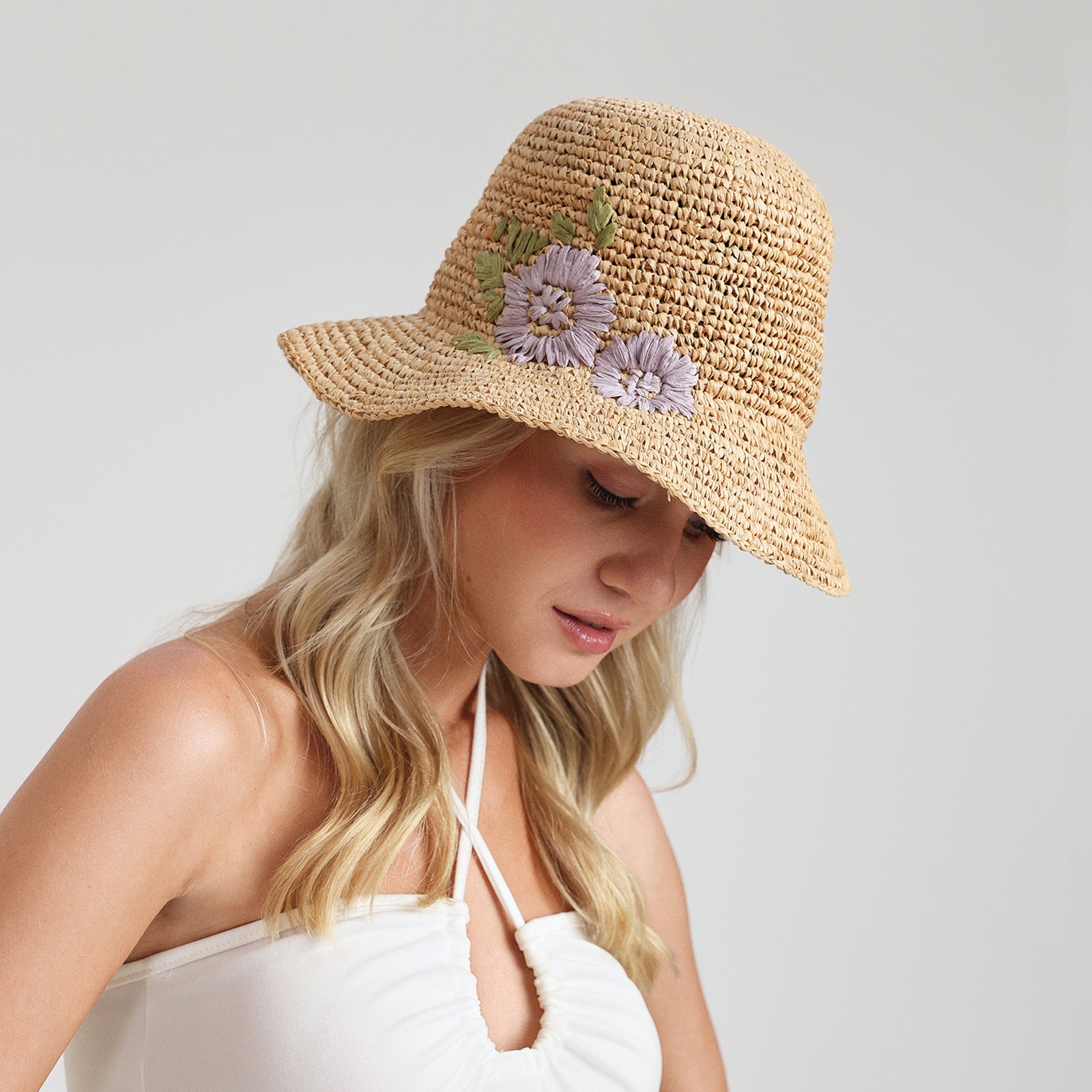 Women’s Raffia Bucket Hat with Wide Brim and UPF 50+ Sun Protection