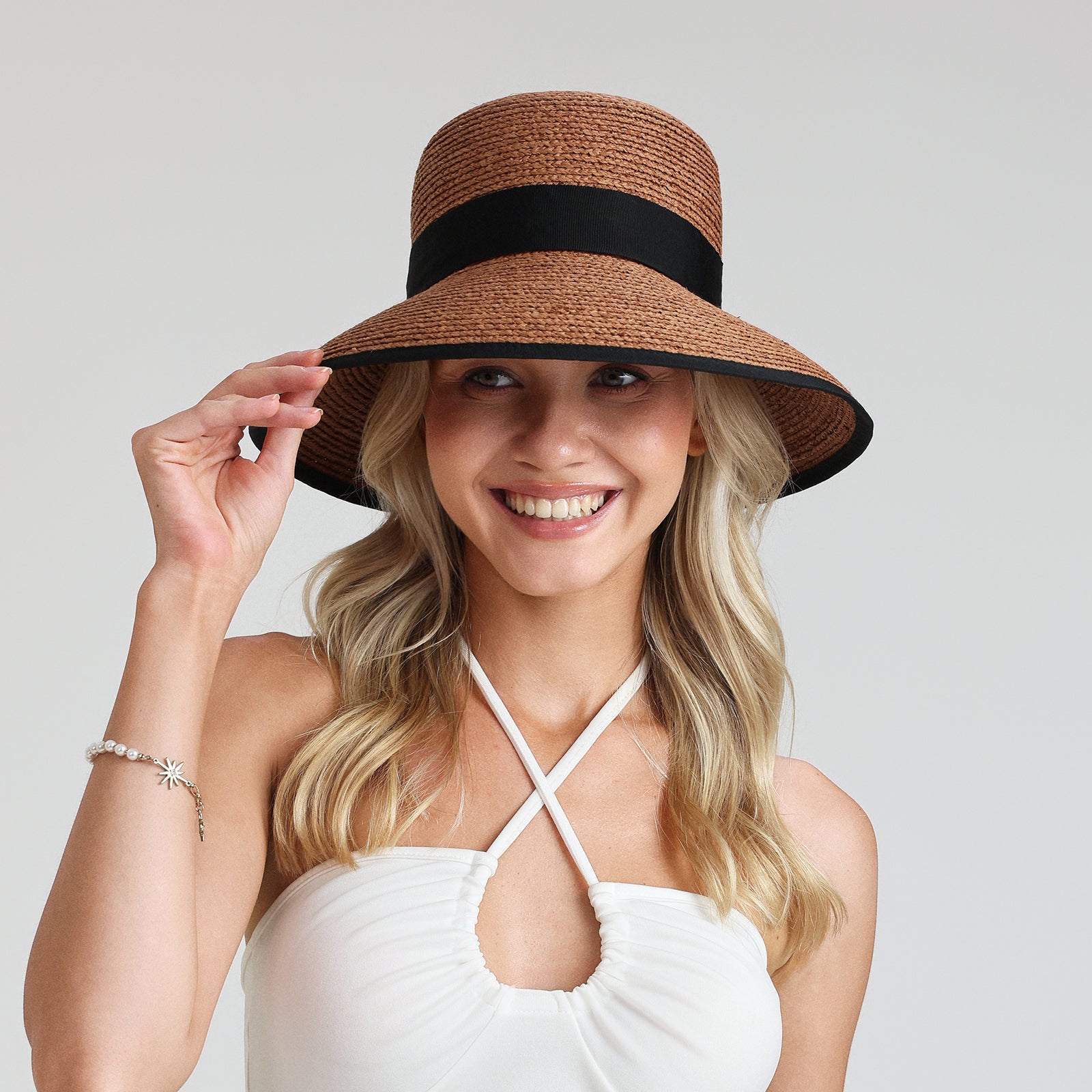 Women’s Raffia Bucket Hat with Wide Brim and UPF 50+ Sun Protection