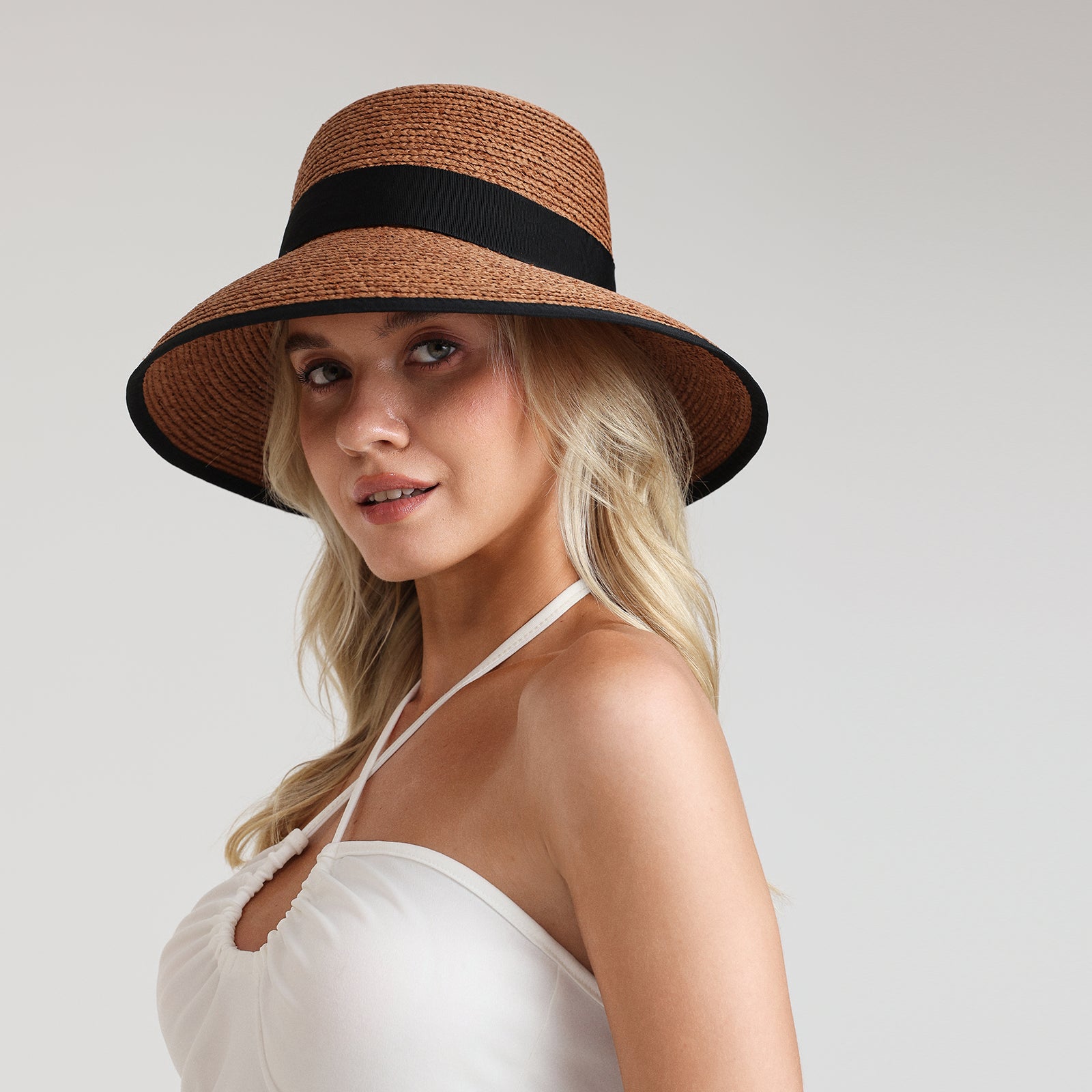 Women’s Raffia Bucket Hat with Wide Brim and UPF 50+ Sun Protection