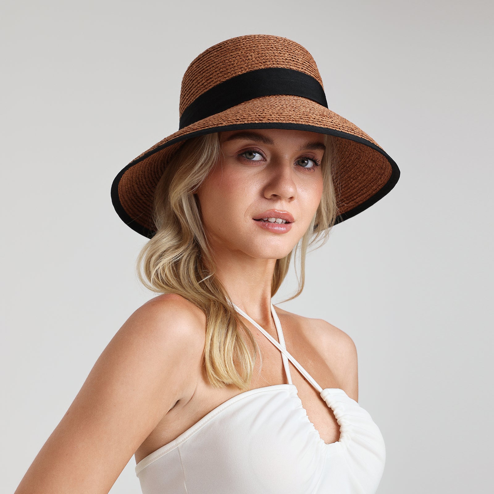 Women’s Raffia Bucket Hat with Wide Brim and UPF 50+ Sun Protection