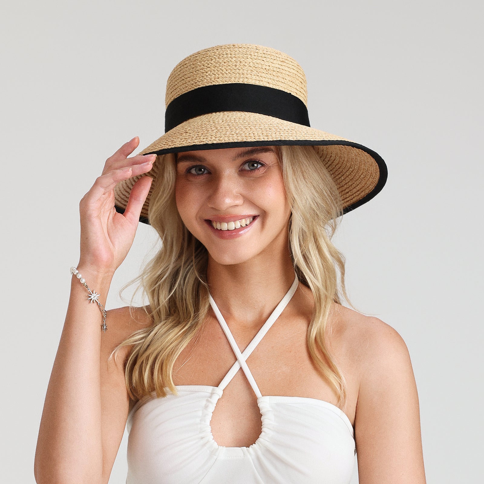 Women’s Raffia Bucket Hat with Wide Brim and UPF 50+ Sun Protection