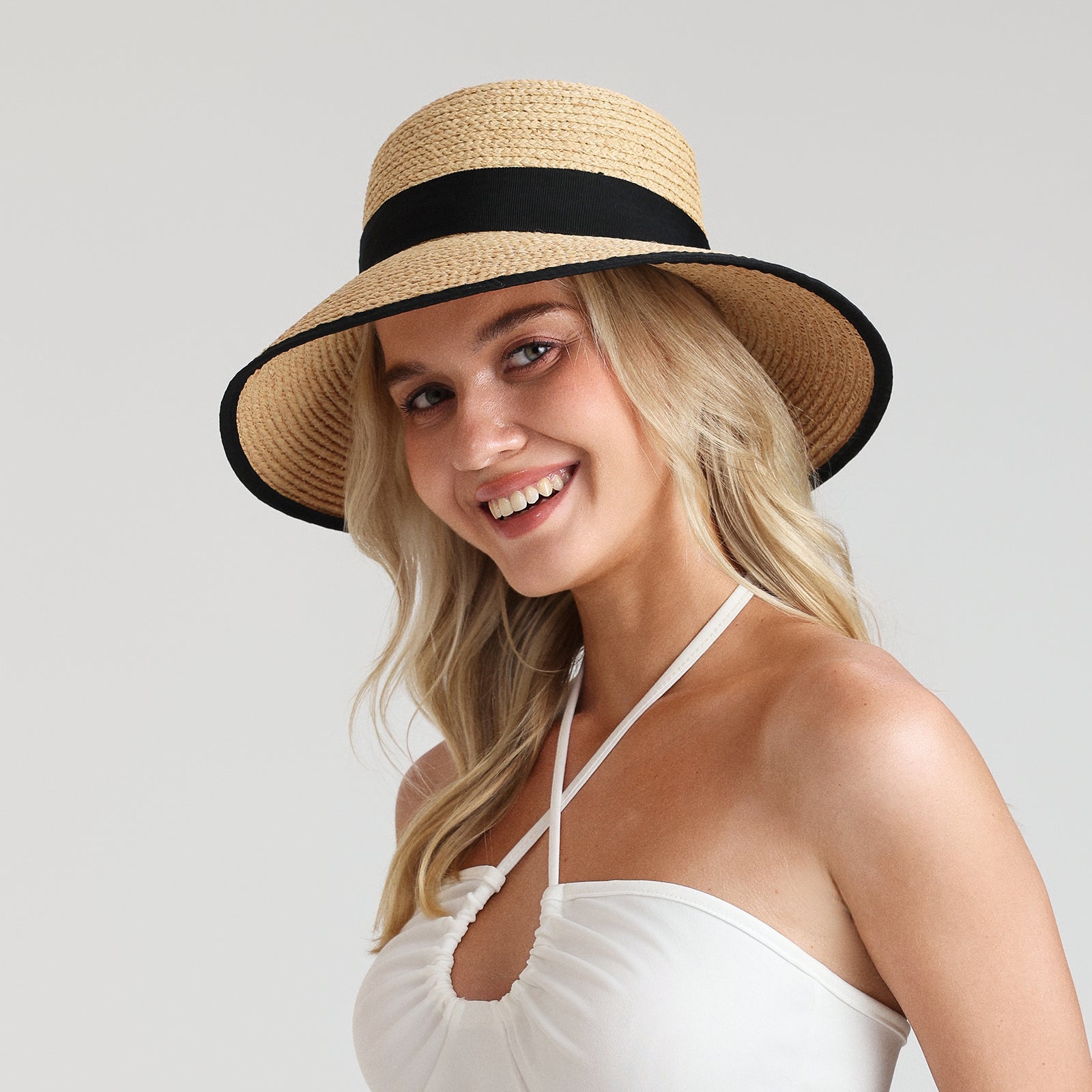 Women’s Raffia Bucket Hat with Wide Brim and UPF 50+ Sun Protection
