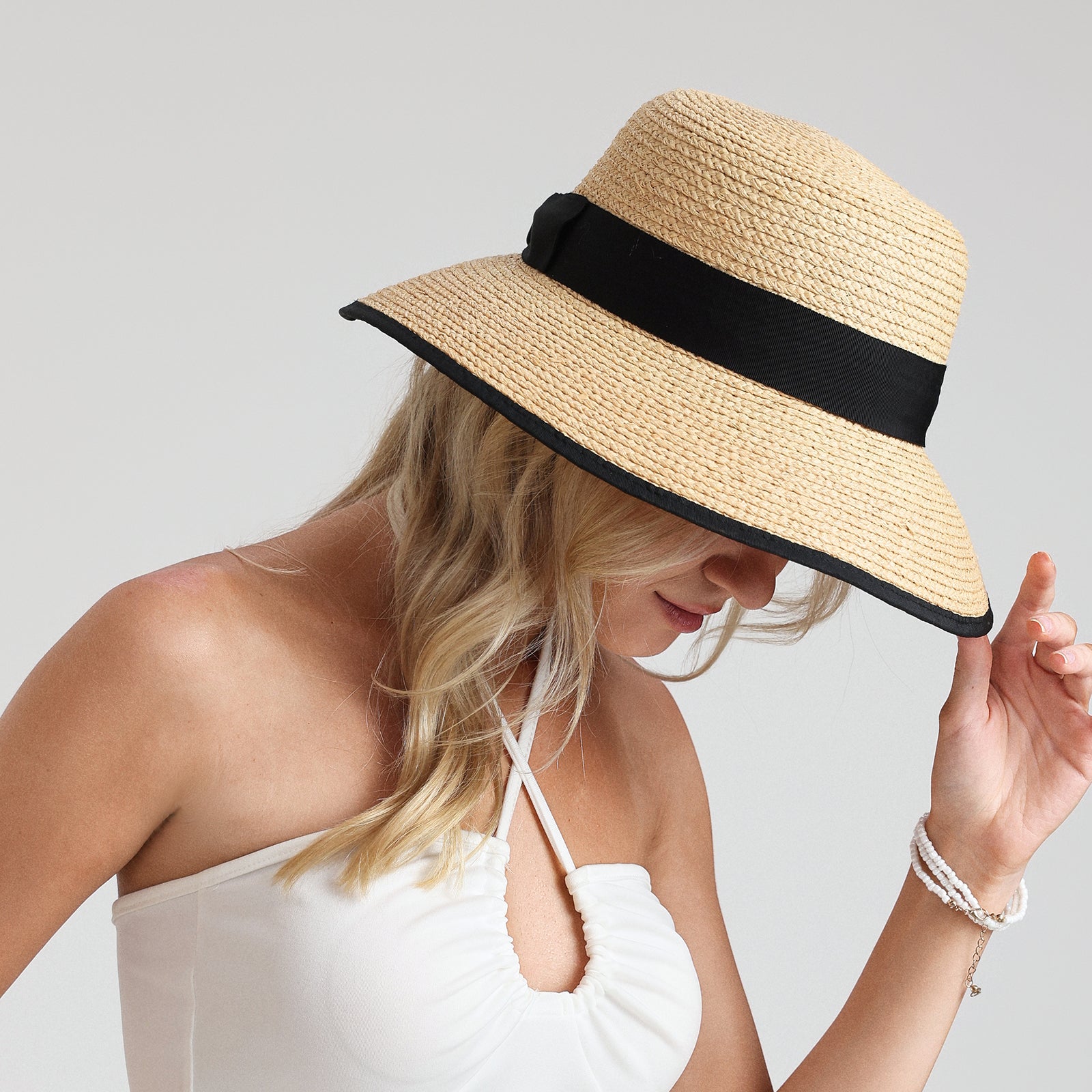 Women’s Raffia Bucket Hat with Wide Brim and UPF 50+ Sun Protection
