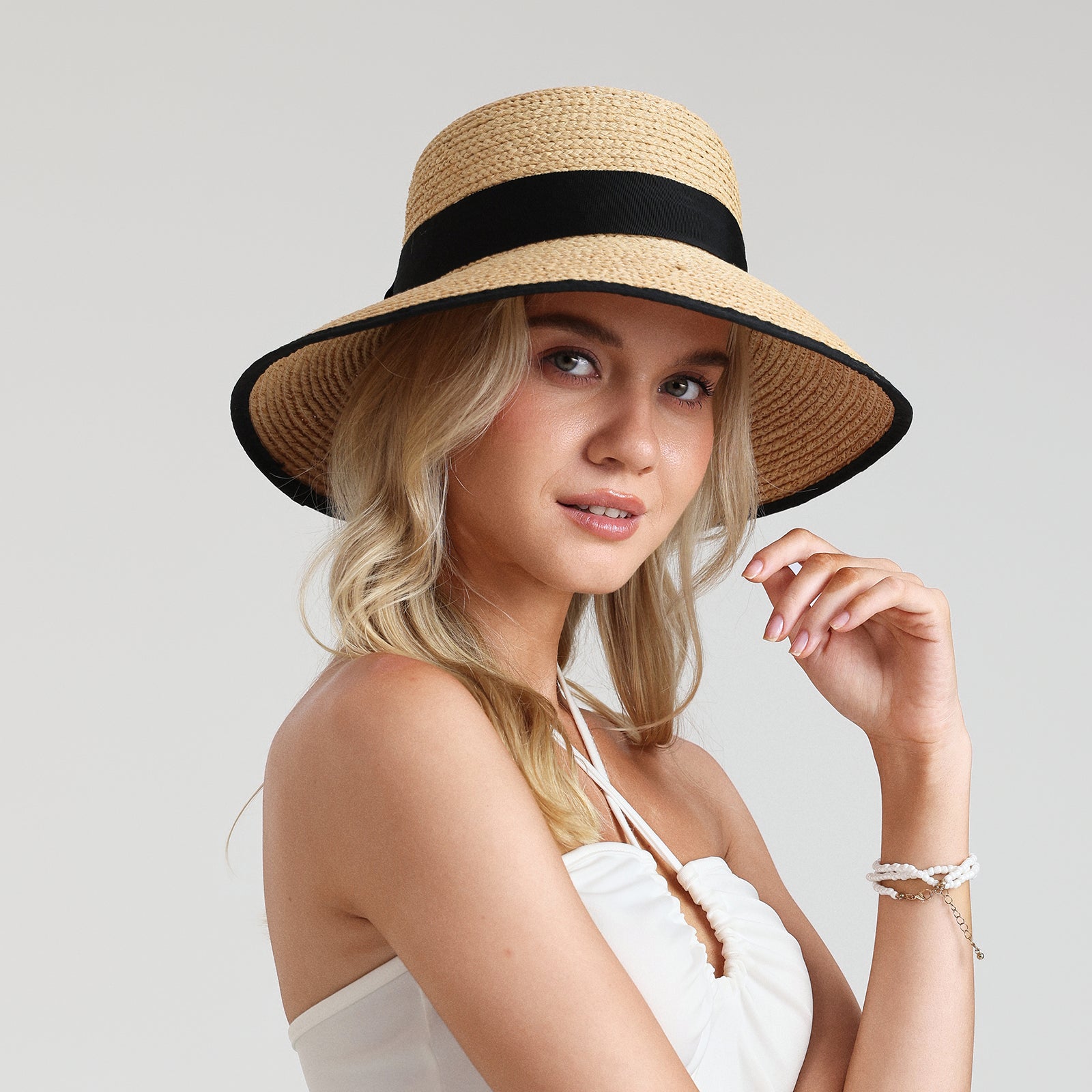 Women’s Raffia Bucket Hat with Wide Brim and UPF 50+ Sun Protection