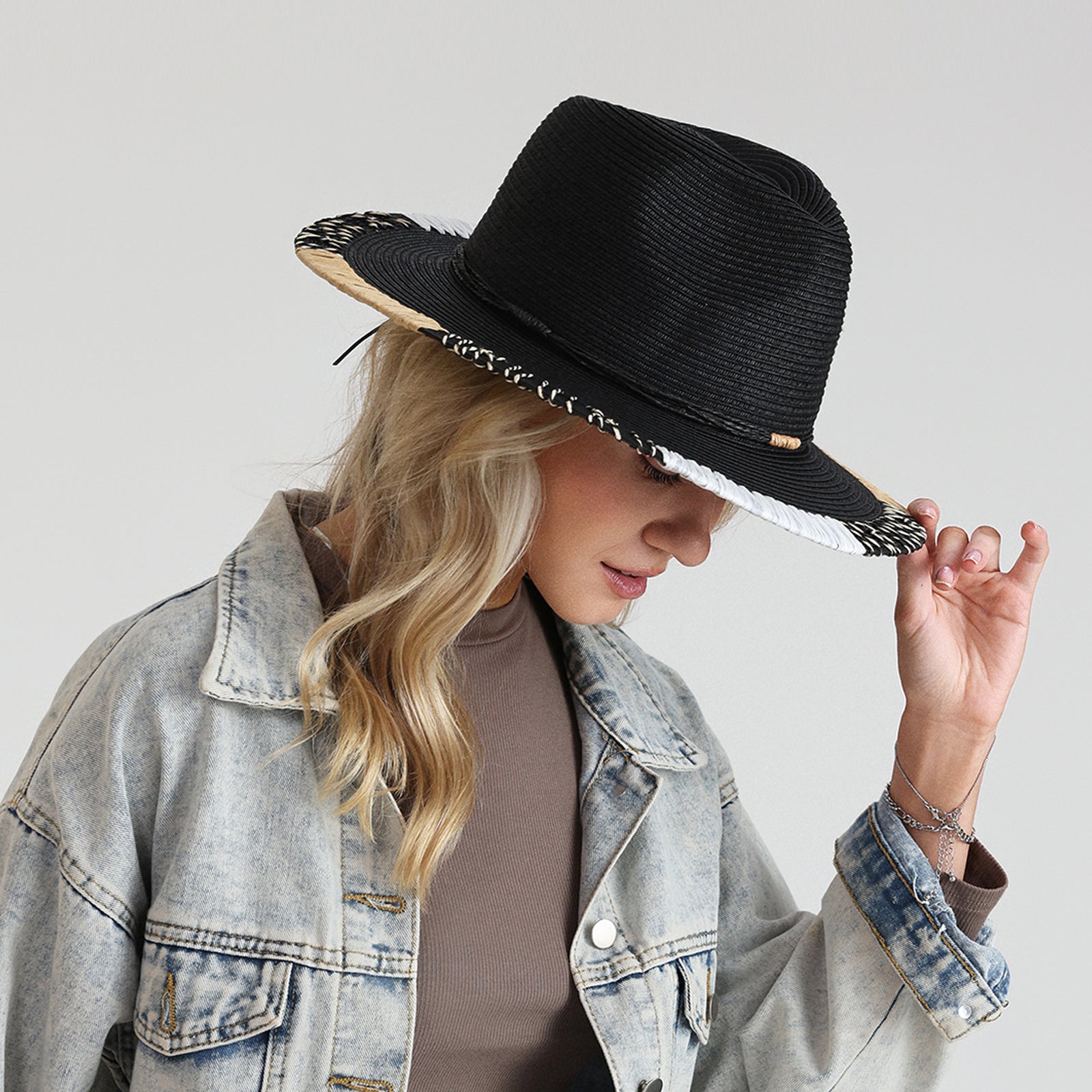 Unisex Paper Straw Fedora Hat with Wide Brim and UPF 50+ Sun Protection