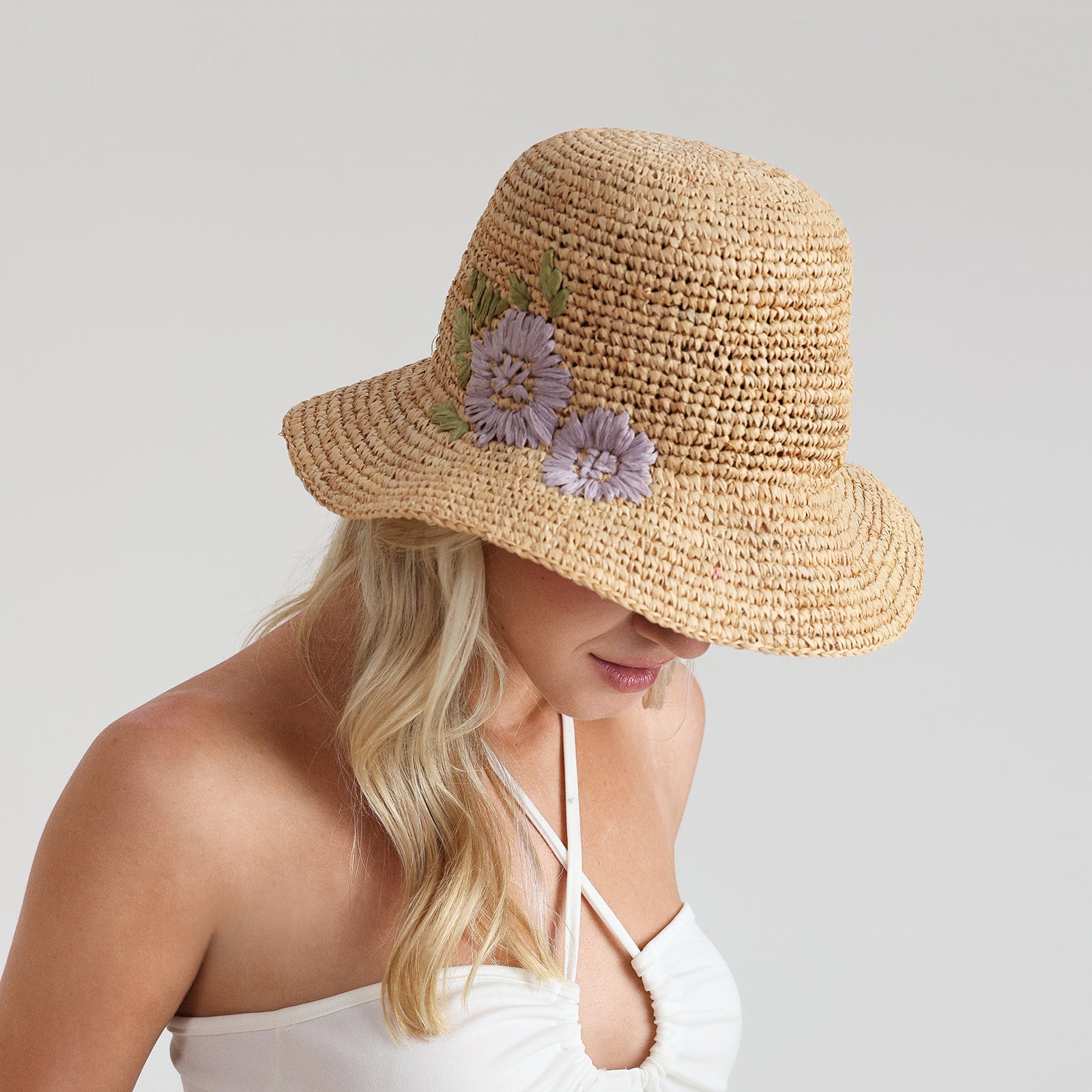 Women’s Raffia Bucket Hat with Wide Brim and UPF 50+ Sun Protection