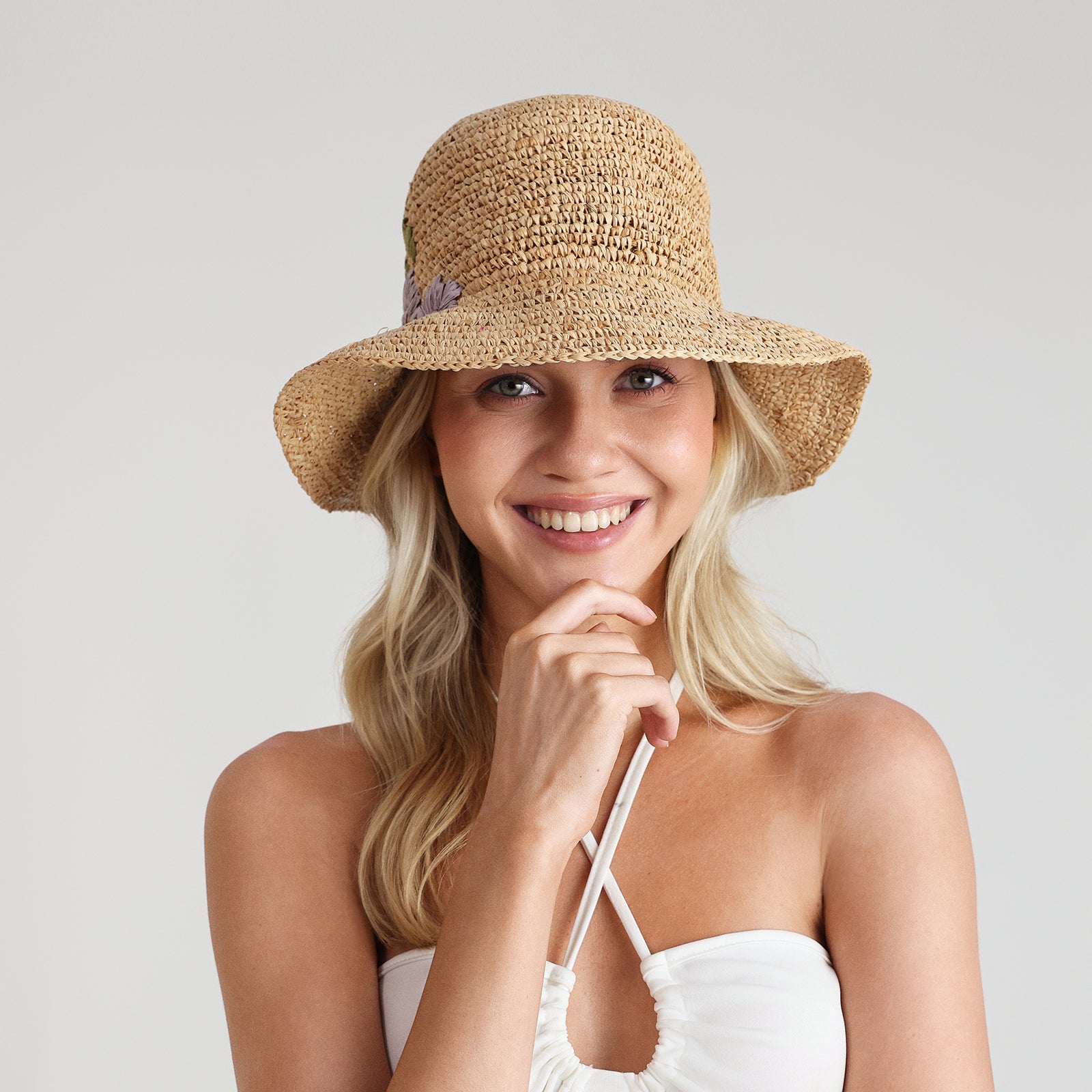 Women’s Raffia Bucket Hat with Wide Brim and UPF 50+ Sun Protection