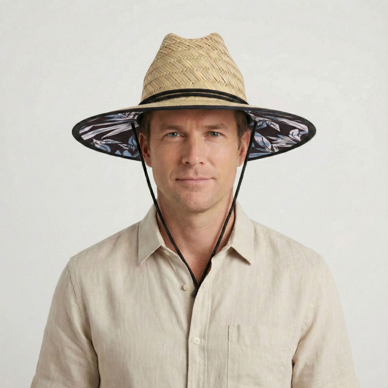 US Stock Wholesale Men's Seagrass Lifeguard Straw Hats with Wide Brim and Sun & Wind Proof
