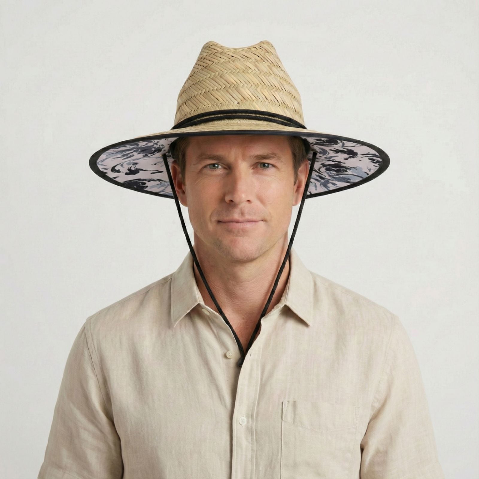 US Stock Wholesale Men's Seagrass Lifeguard Straw Hats with Wide Brim and Sun & Wind Proof