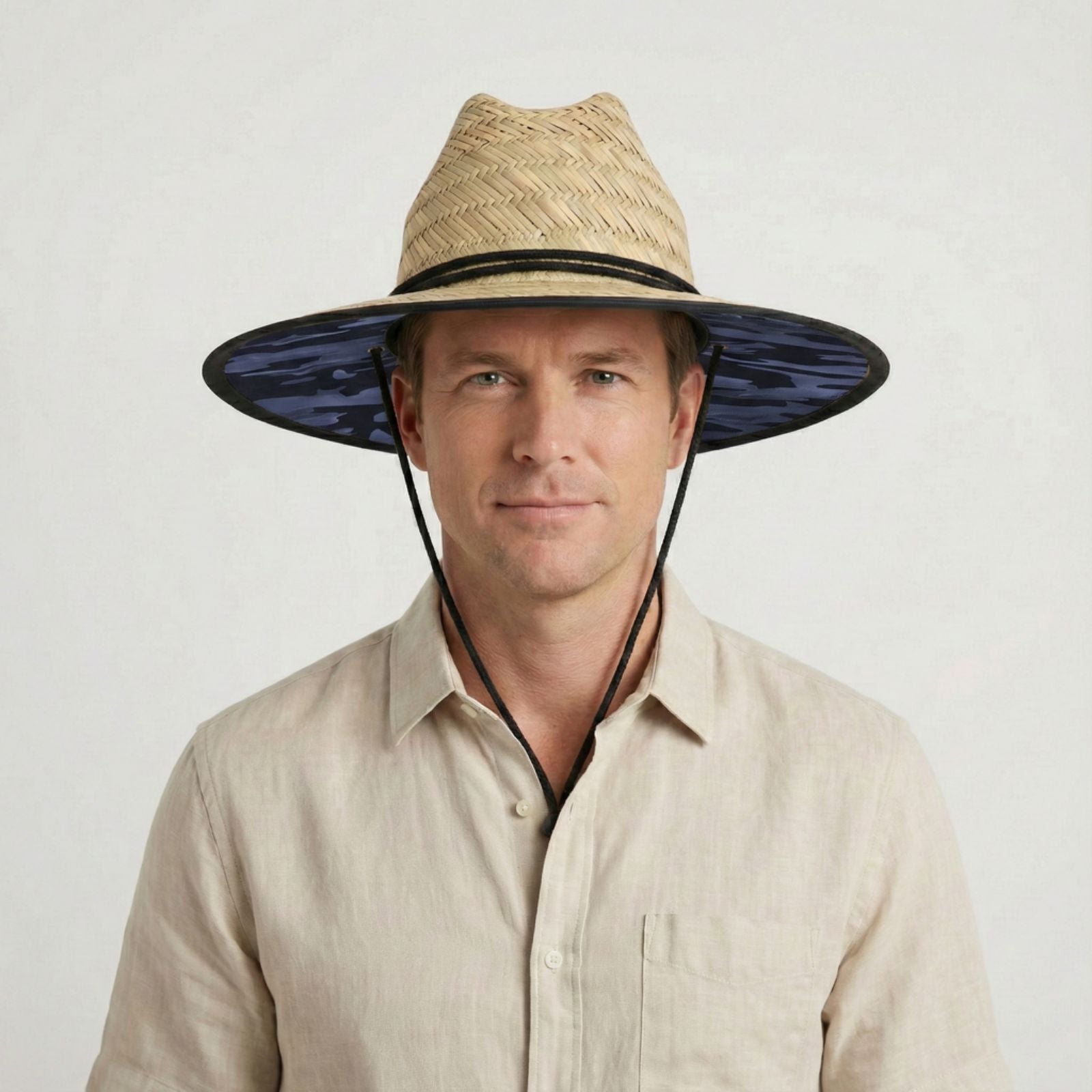 US Stock Wholesale Men's Seagrass Lifeguard Straw Hats with Wide Brim and Sun & Wind Proof