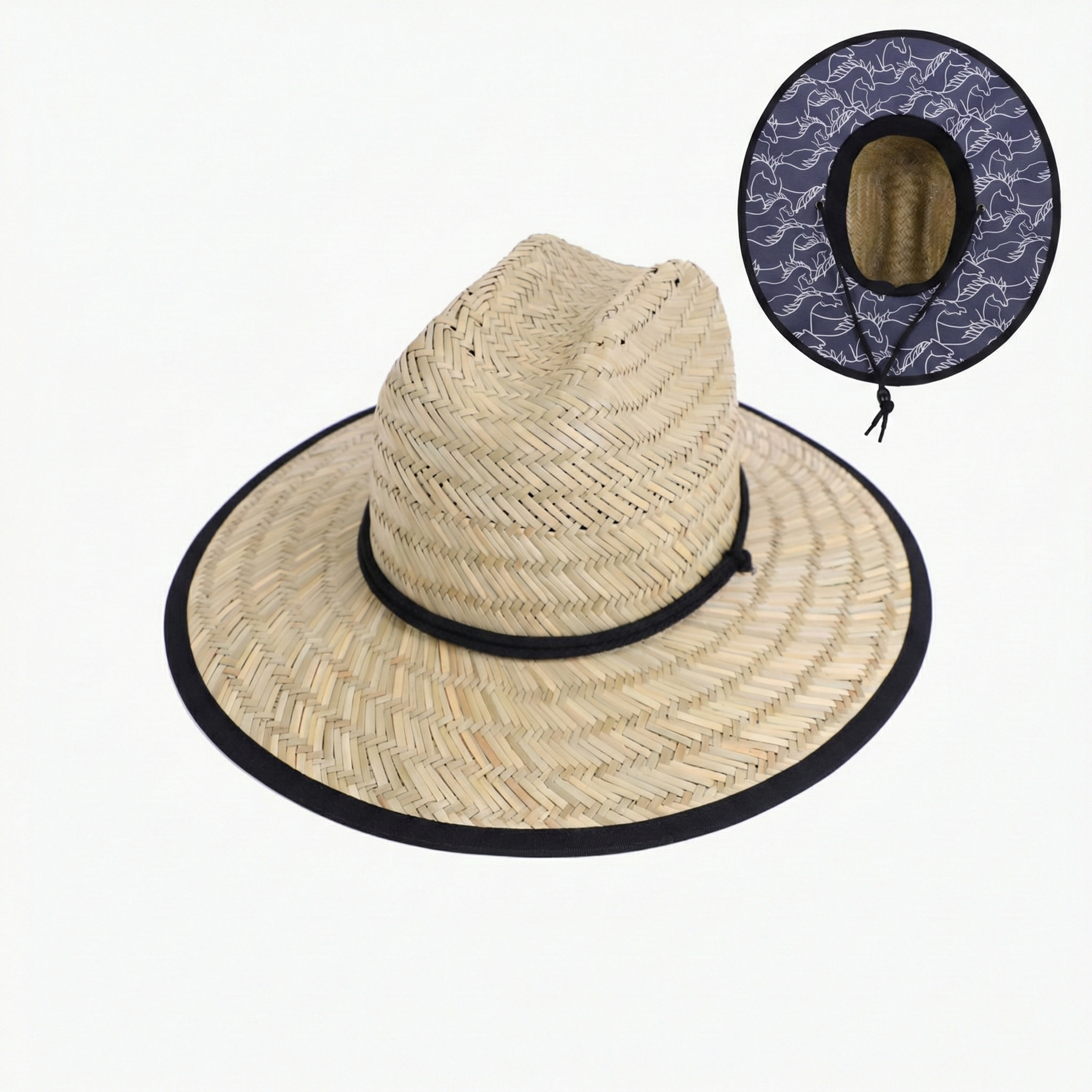 US Stock Wholesale Men's Seagrass Lifeguard Straw Hats with Wide Brim and Sun & Wind Proof