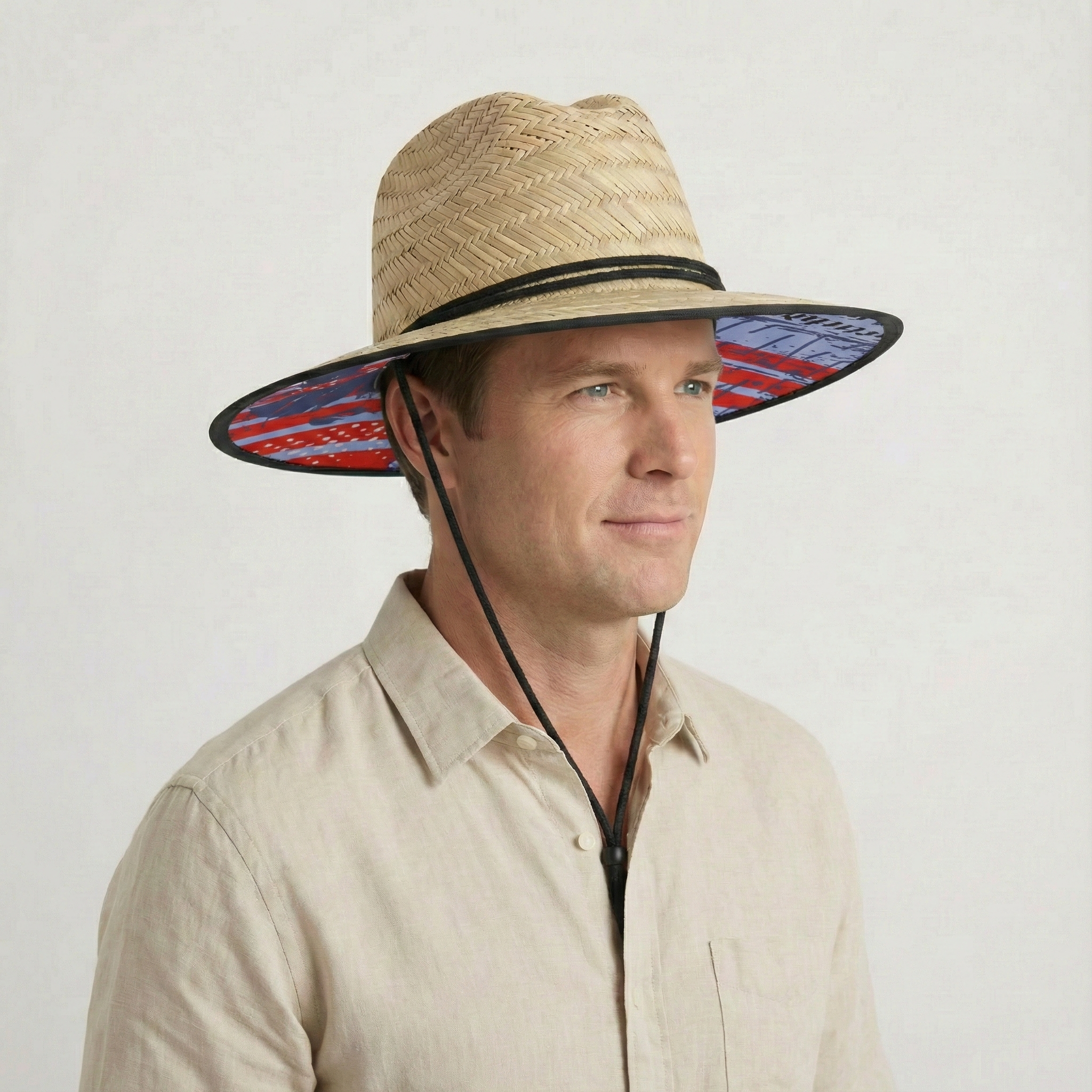 US Stock Wholesale Men's Seagrass Lifeguard Straw Hats with Wide Brim and Sun & Wind Proof
