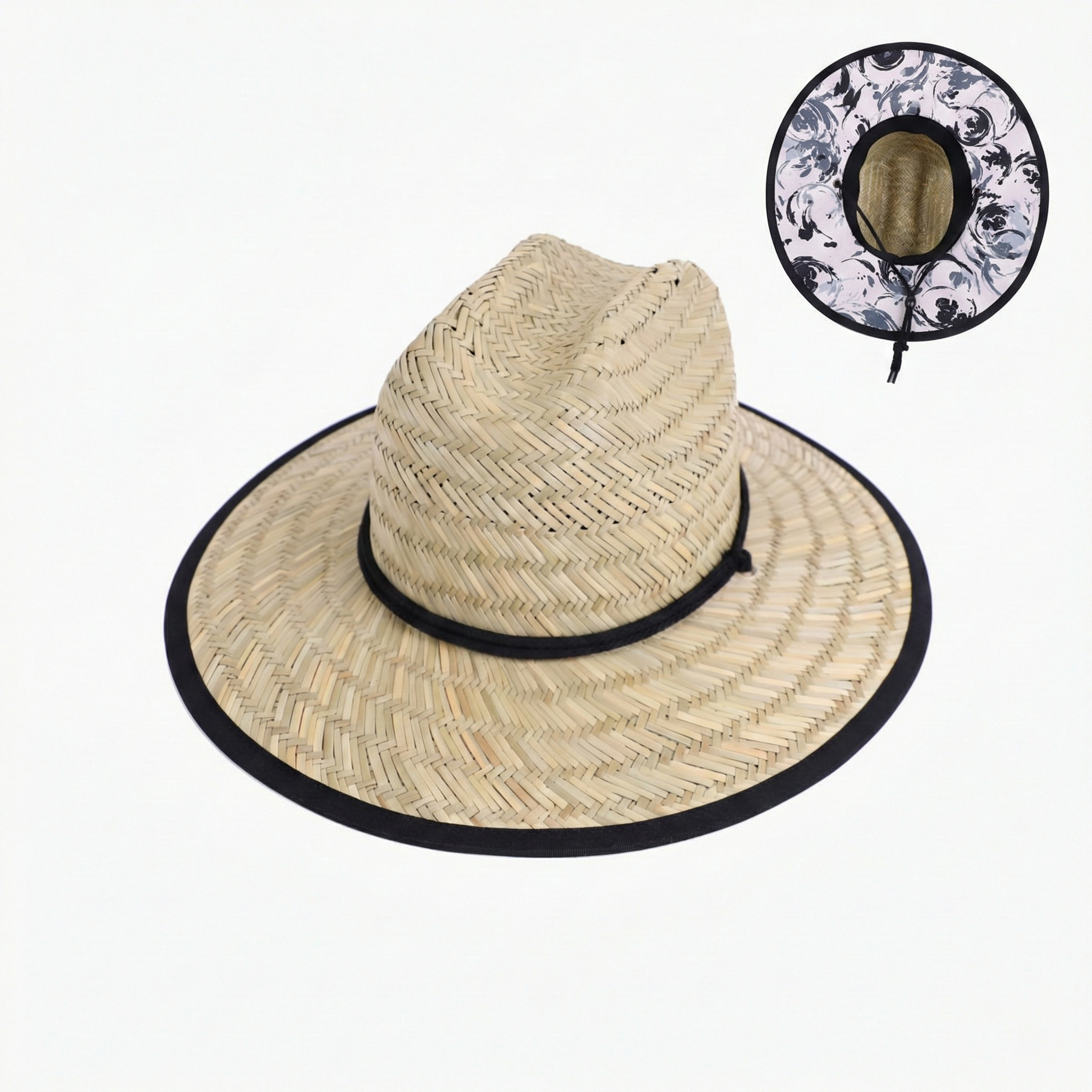US Stock Wholesale Men's Seagrass Lifeguard Straw Hats with Wide Brim and Sun & Wind Proof