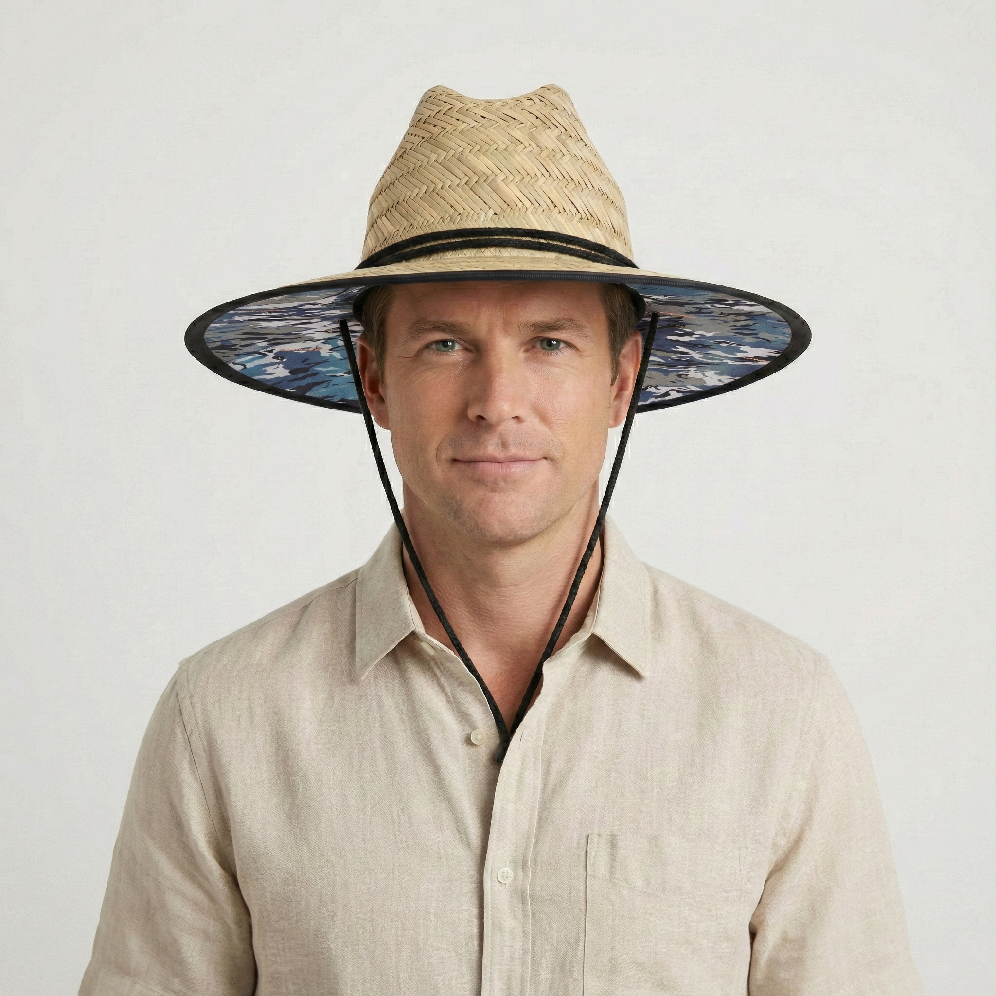 US Stock Wholesale Men's Seagrass Lifeguard Straw Hats with Wide Brim and Sun & Wind Proof
