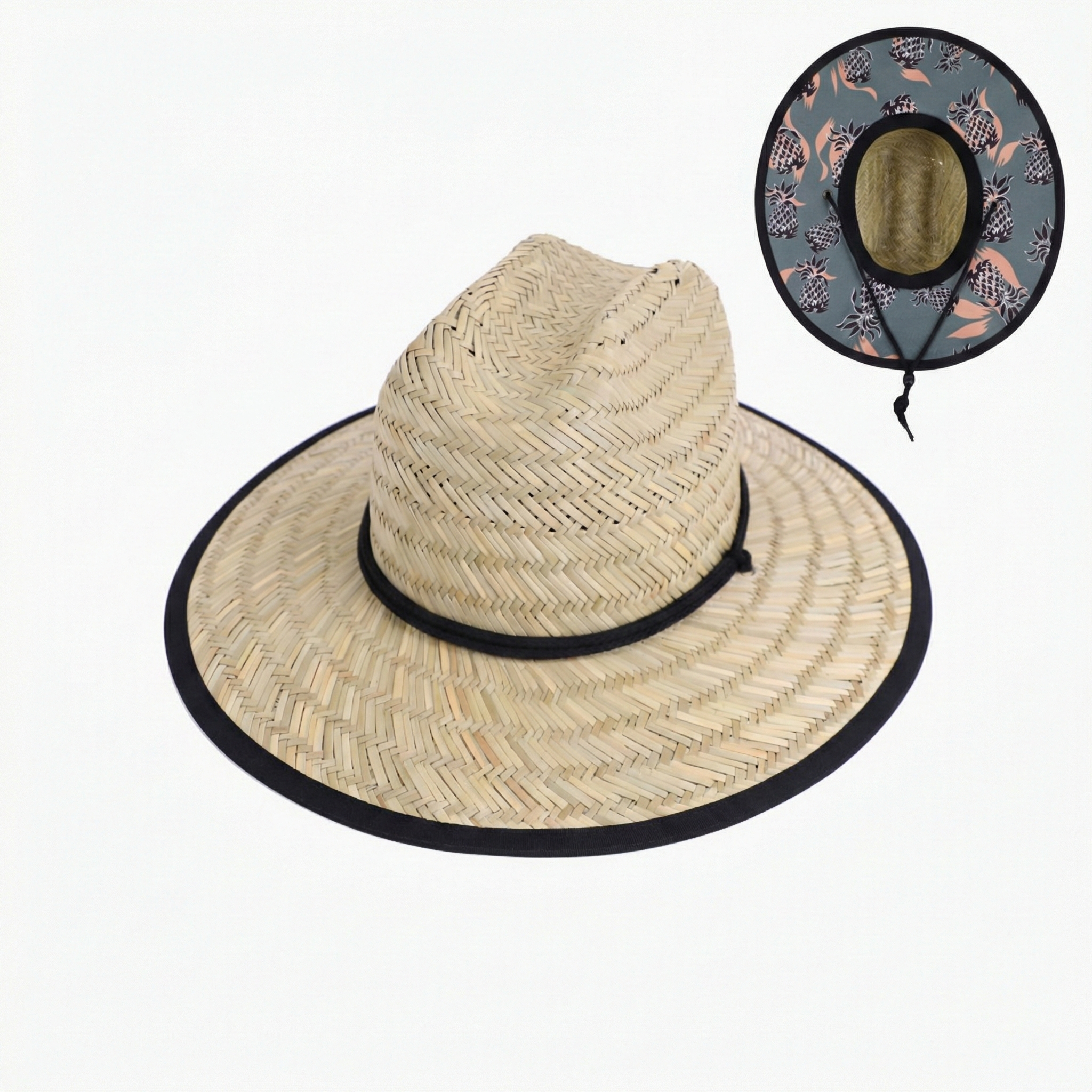 US Stock Wholesale Men's Seagrass Lifeguard Straw Hats with Wide Brim and Sun & Wind Proof