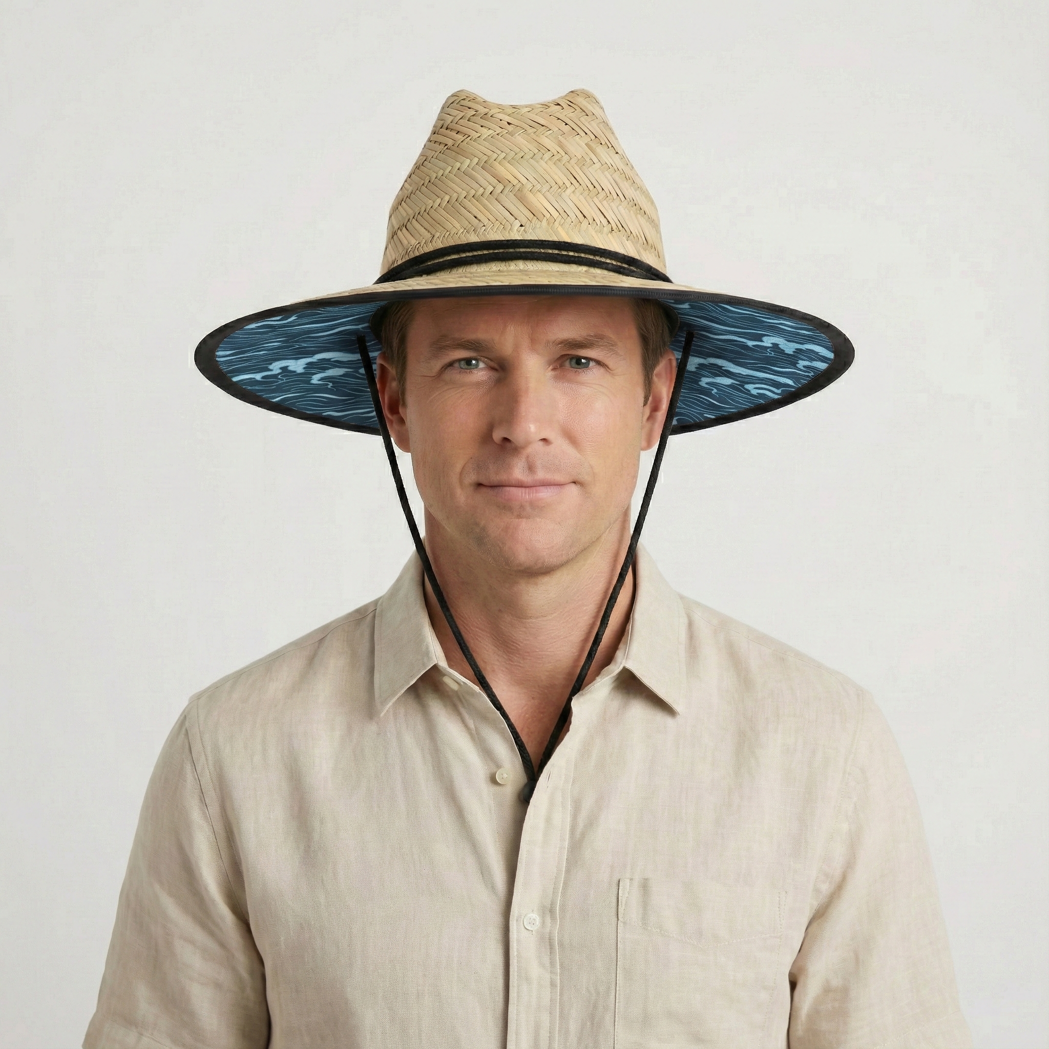 US Stock Wholesale Men's Seagrass Lifeguard Straw Hats with Wide Brim and Sun & Wind Proof