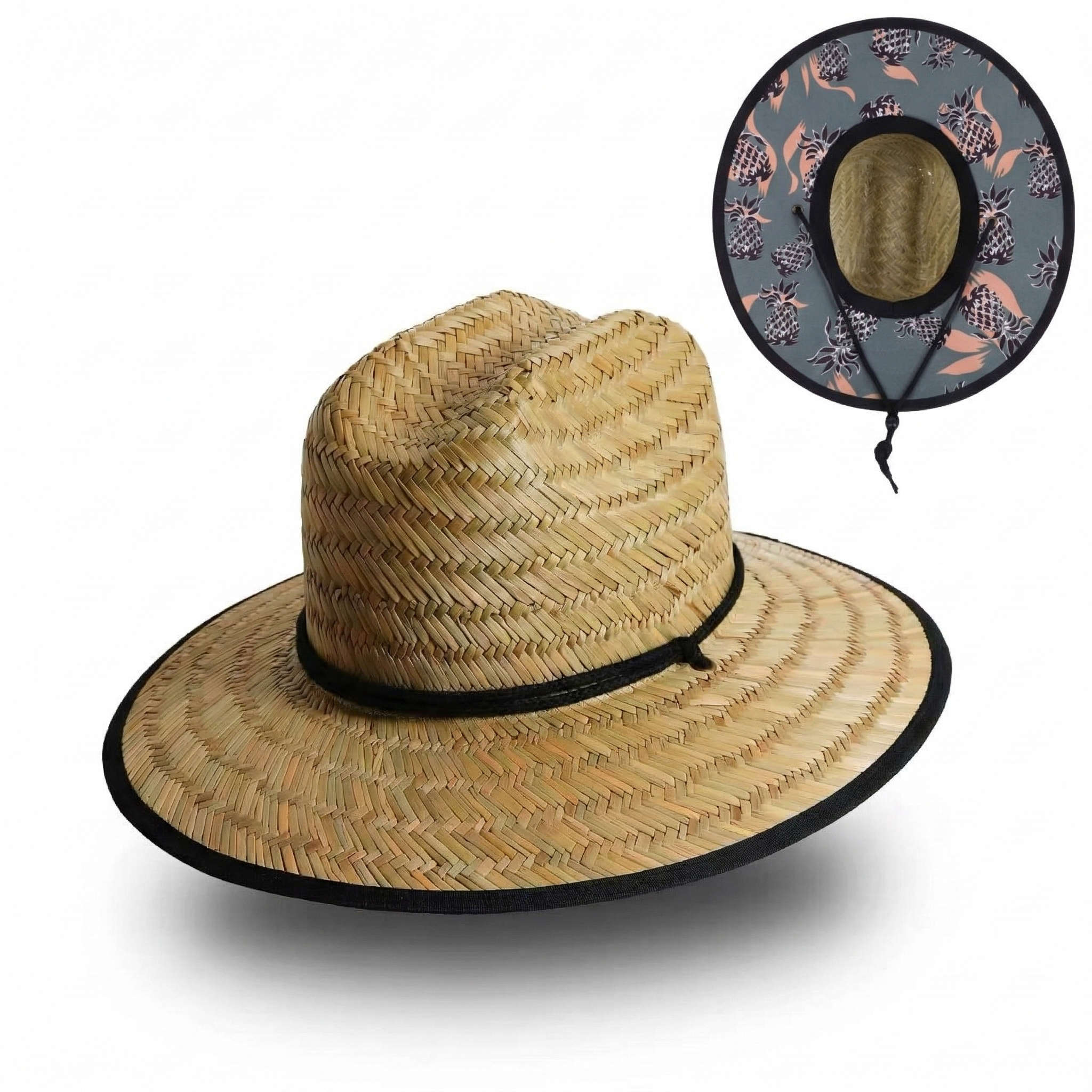 US Stock Wholesale Men's Seagrass Lifeguard Straw Hats with Wide Brim and Sun & Wind Proof