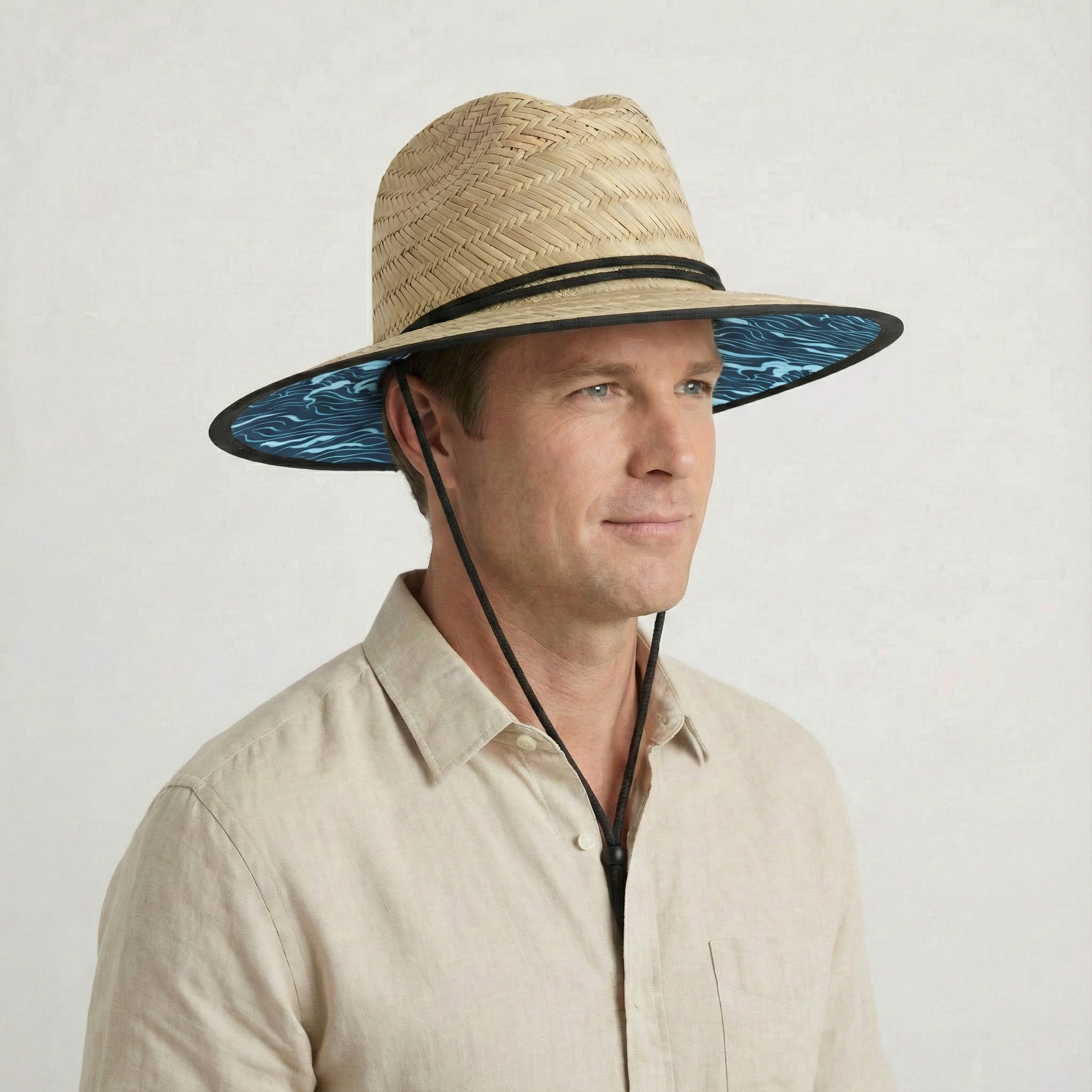 US Stock Wholesale Men's Seagrass Lifeguard Straw Hats with Wide Brim and Sun & Wind Proof